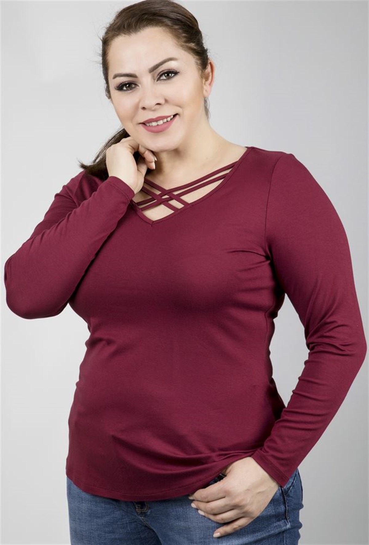 Yakasında Şerit Detaylı Uzunkol Örme BluzMYLINE23478-m