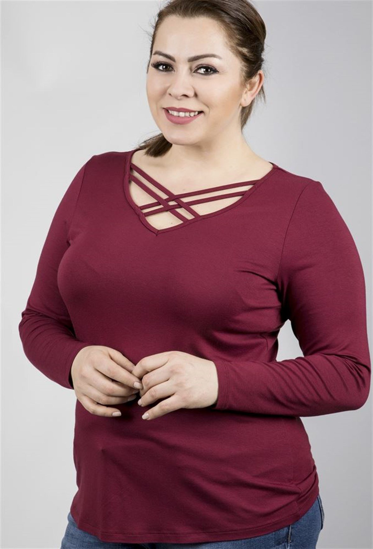 Yakasında Şerit Detaylı Uzunkol Örme BluzMYLINE23478-m