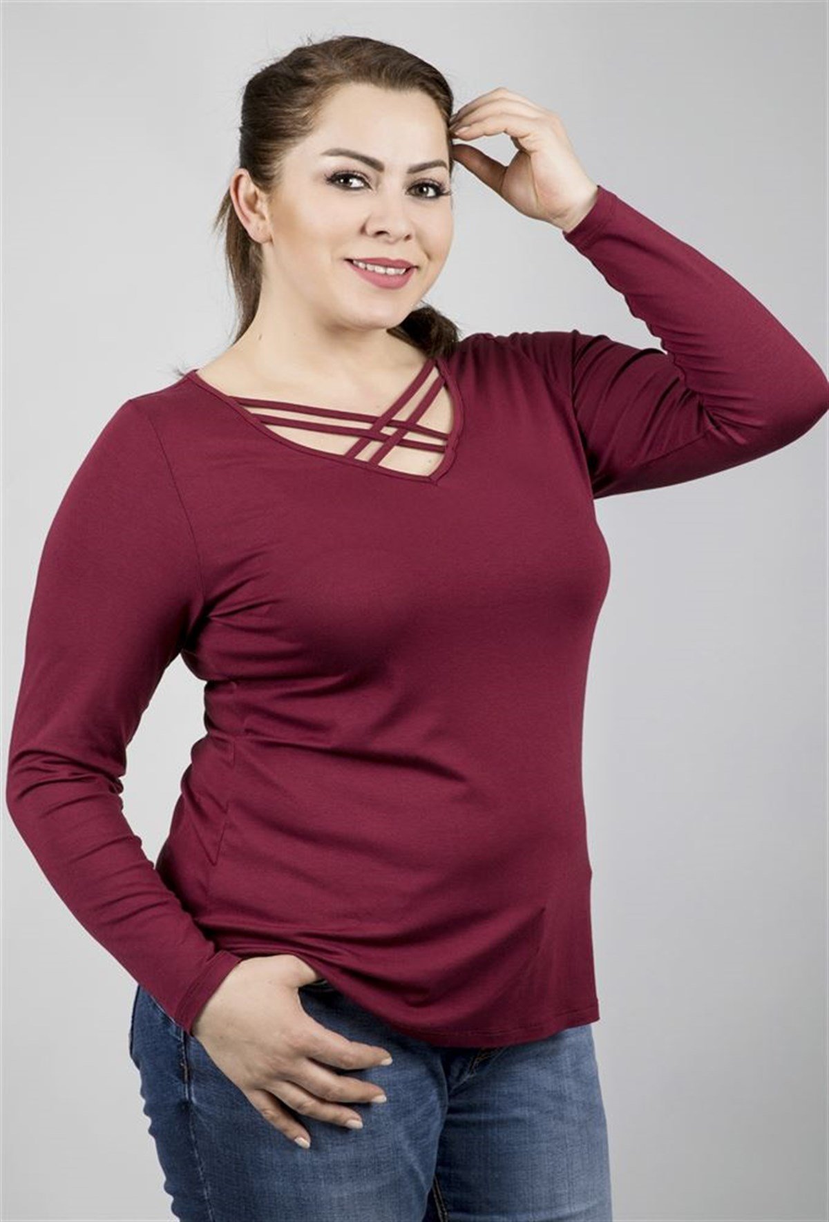 Yakasında Şerit Detaylı Uzunkol Örme BluzMYLINE23478-m