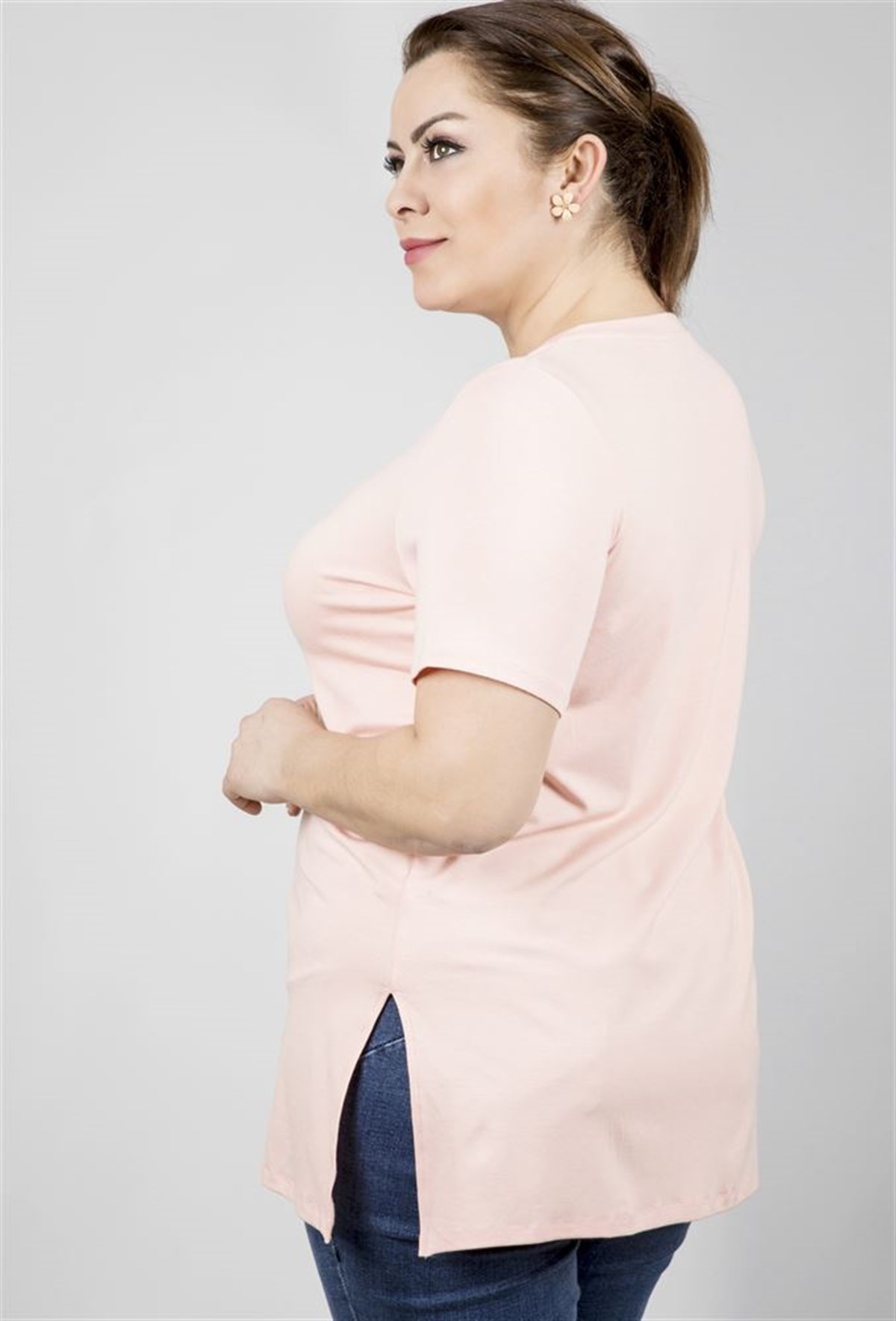 Yanlardan Yırtmaçlı Uzun Basic T-ShirtMYLINE23575-m