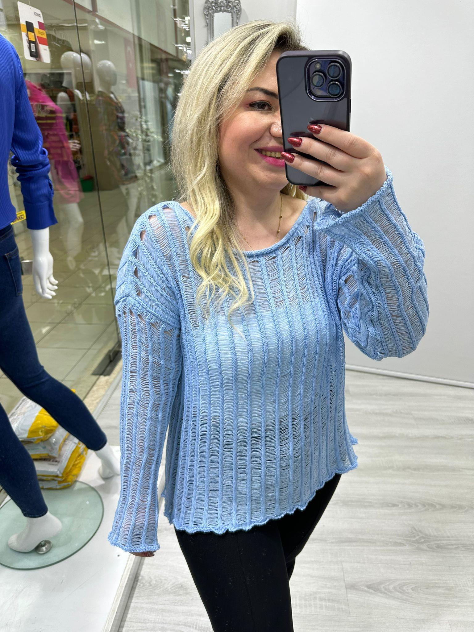 Bebe Mavisi İp Detaylı Delikli Salaş Triko 