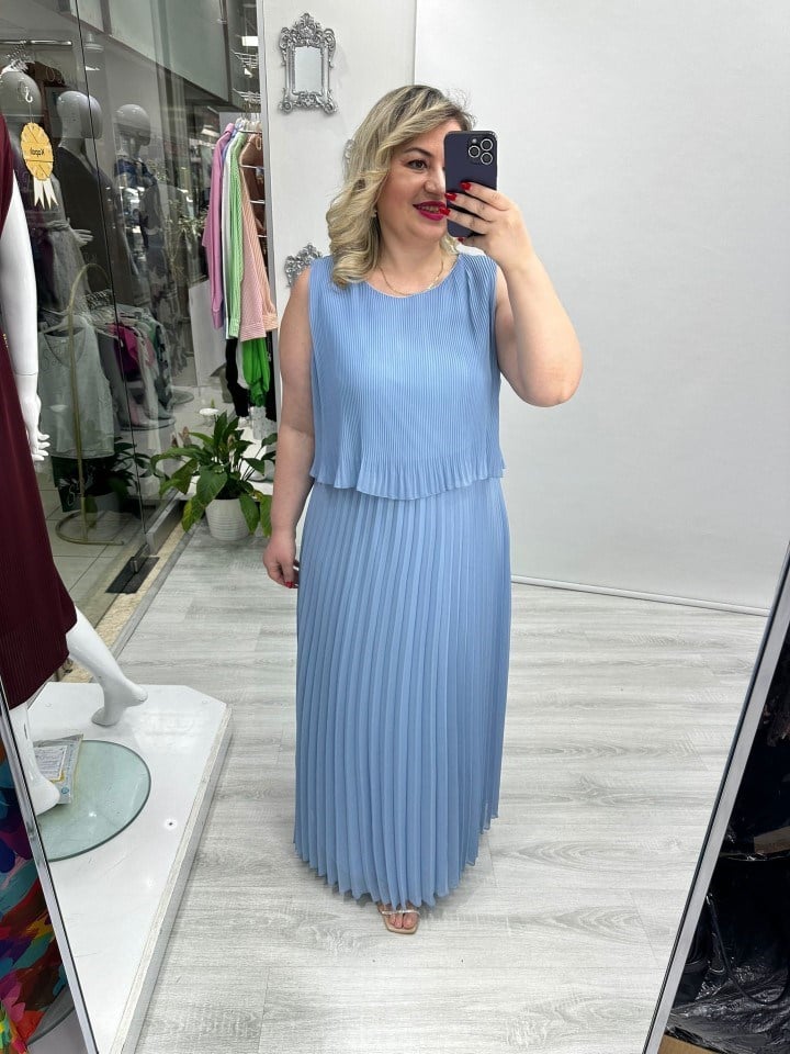 Bebe Mavisi Premium Piliseli 2 Katlı Kolsuz Uzun Şifon Elbise stp 26y2621