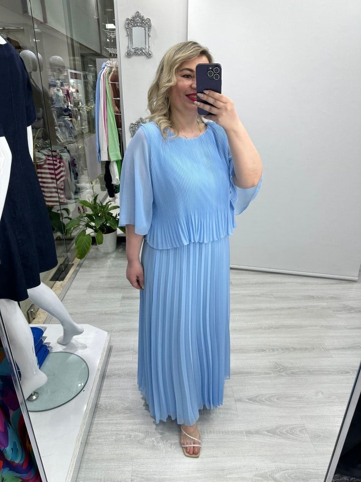 Bebe Mavisi Premium Piliseli 2 Katlı Yarım Kollu Şifon Elbise stp 26y2749
