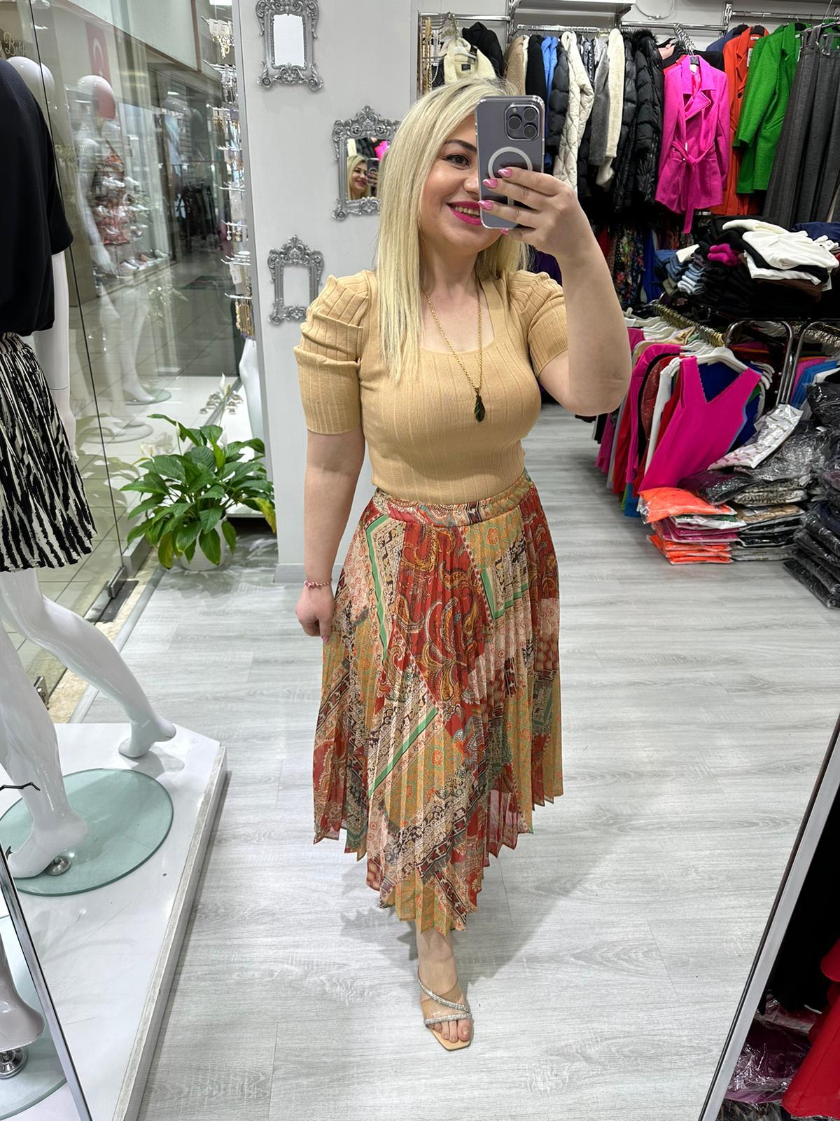 Bej Kiremit Şal Desen Beli Lastikli Etek