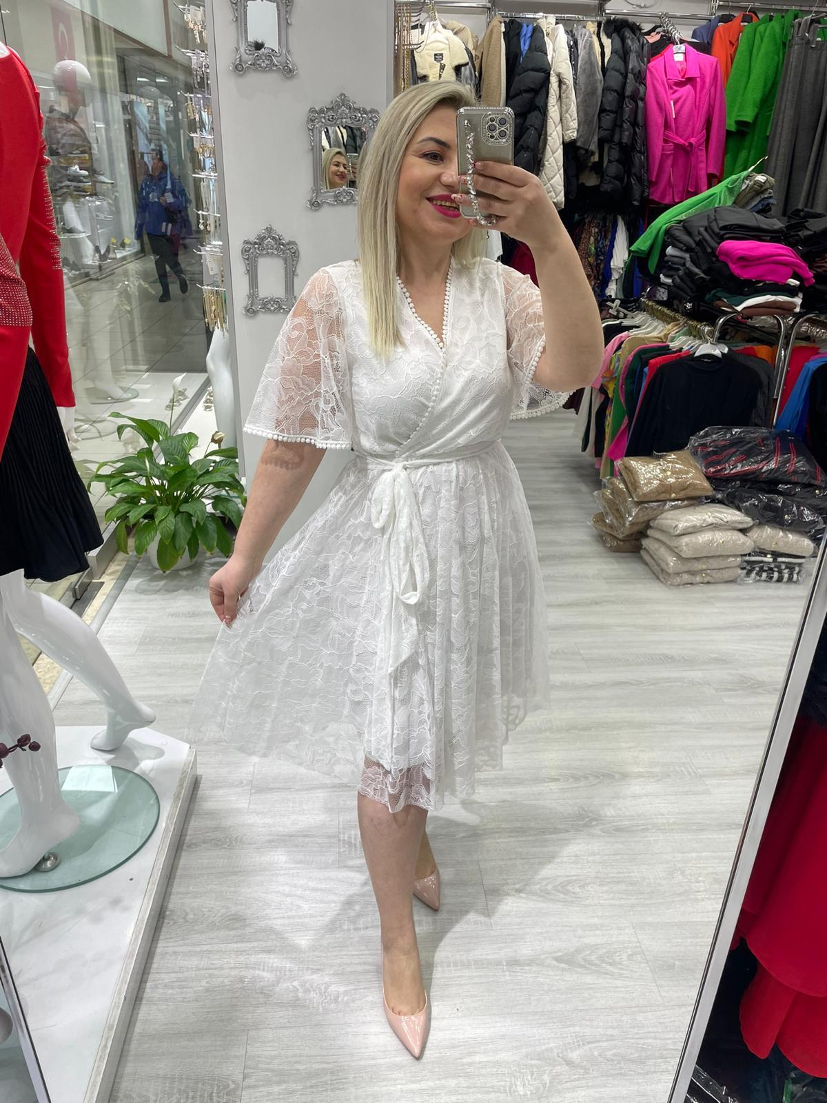 Beyaz Dantel Beli Lastikli Kloş Etekli 5833 · 4