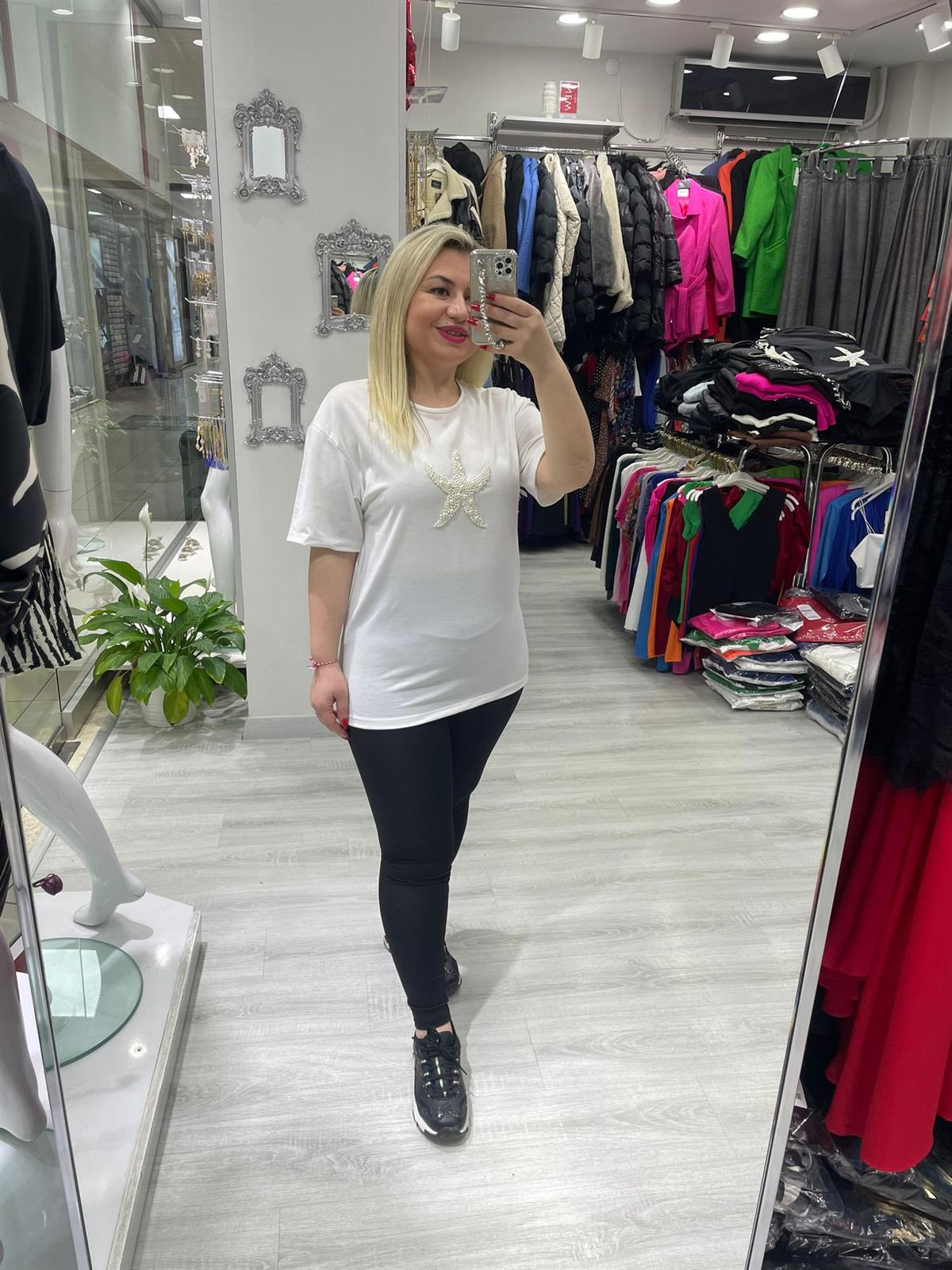 Beyaz Deniz Yıldızlı İncili Tişört · 5
