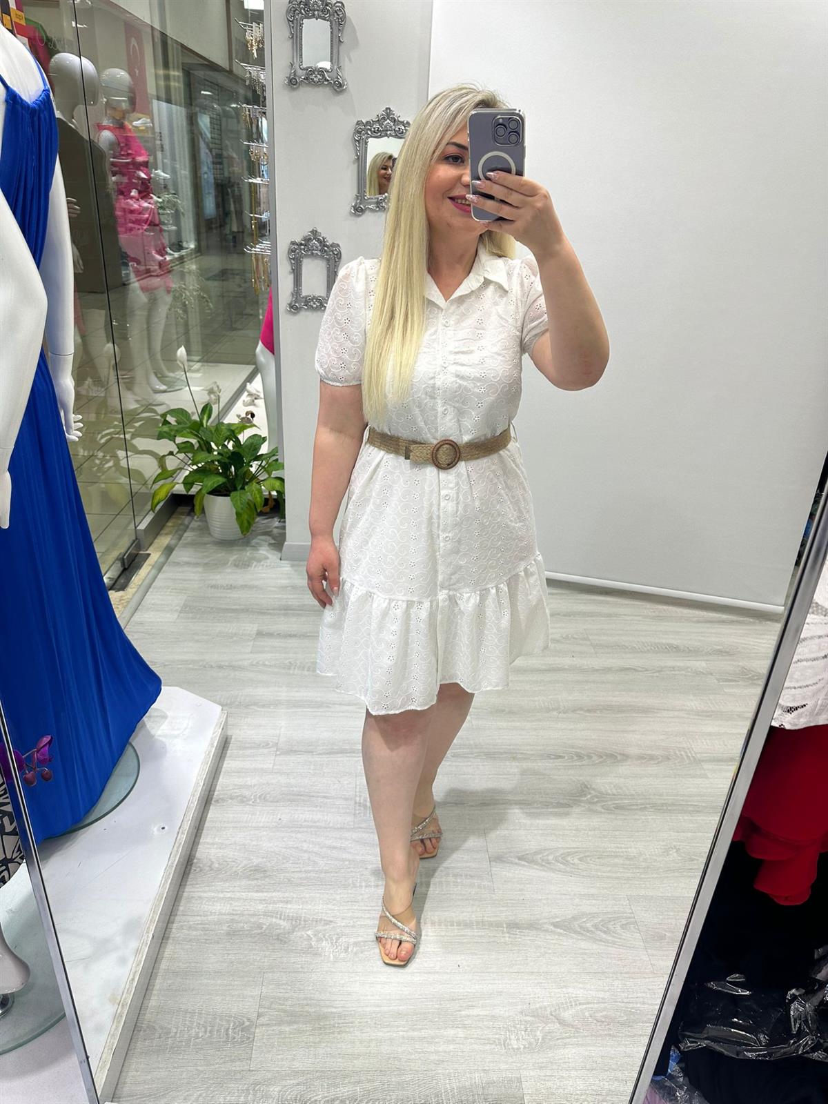 Beyaz Fisto Hasır Kemerli Mini Elbise · 4