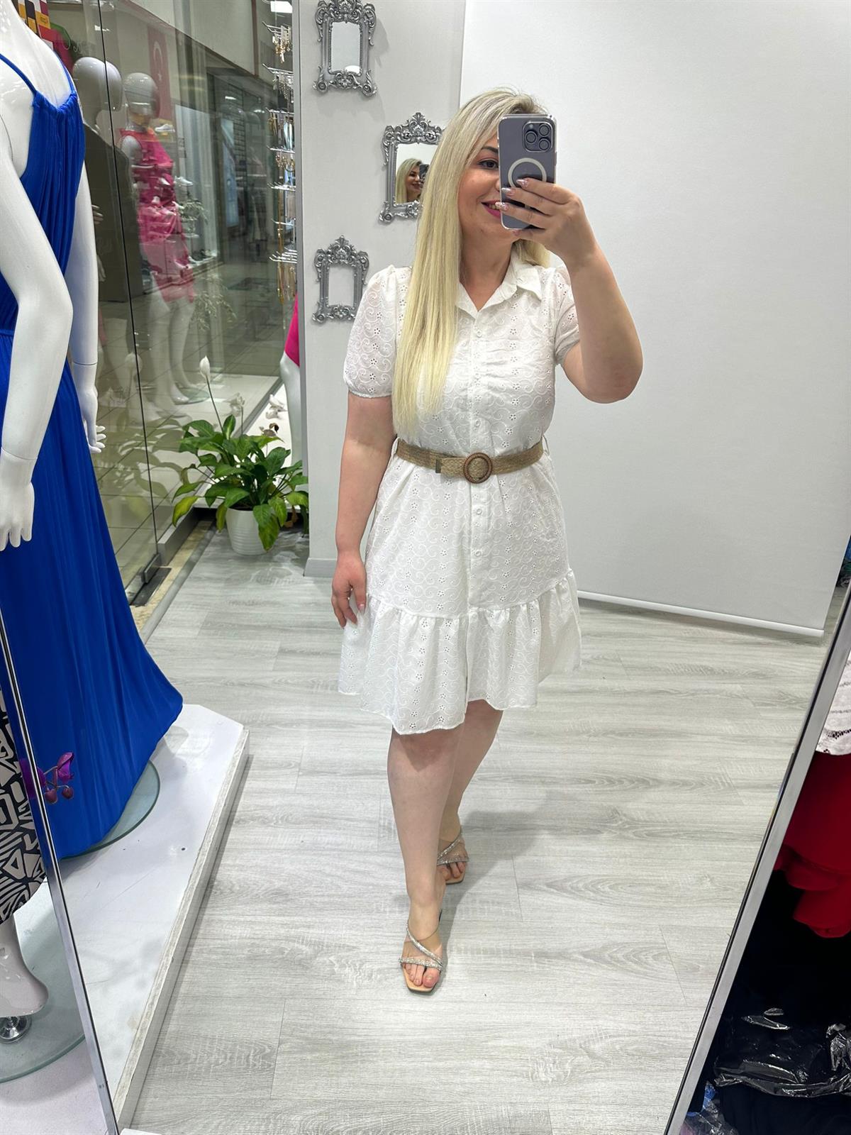 Beyaz Fisto Hasır Kemerli Mini Elbise · 3