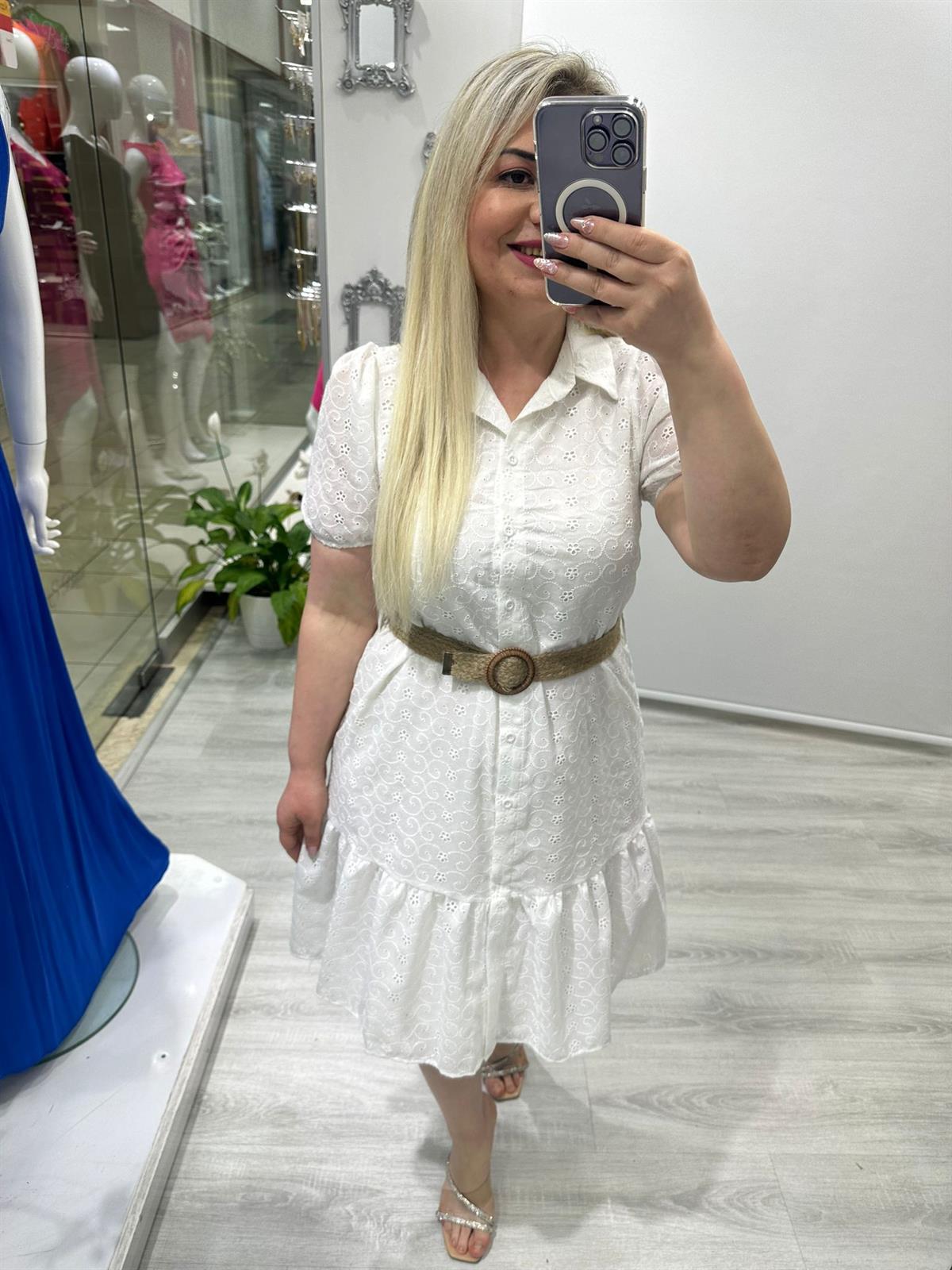 Beyaz Fisto Hasır Kemerli Mini Elbise · 5