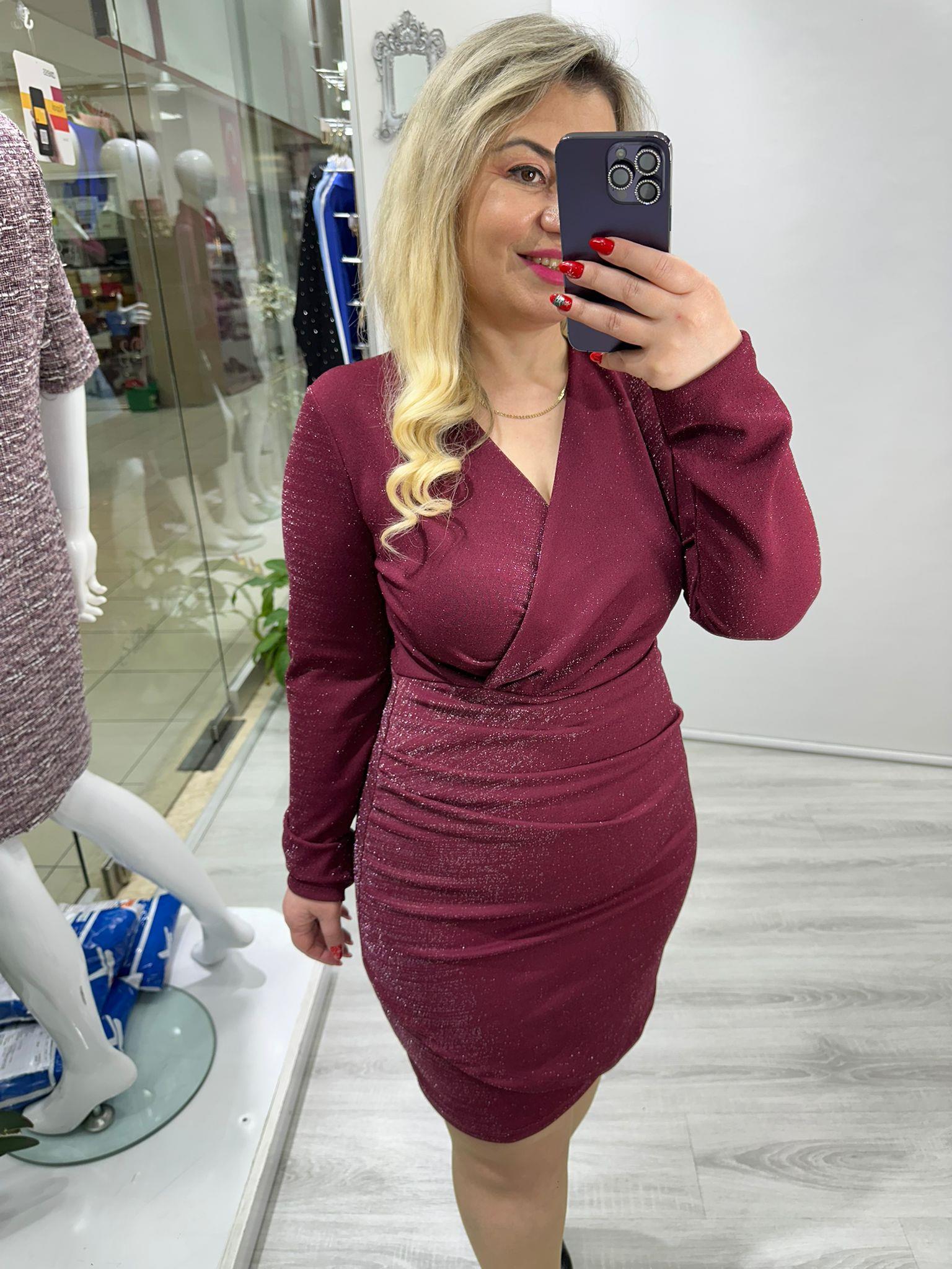 Bordo Parlak Drapeli Simli Çelik Örme Kruvaze Elbise bkt 281015-2