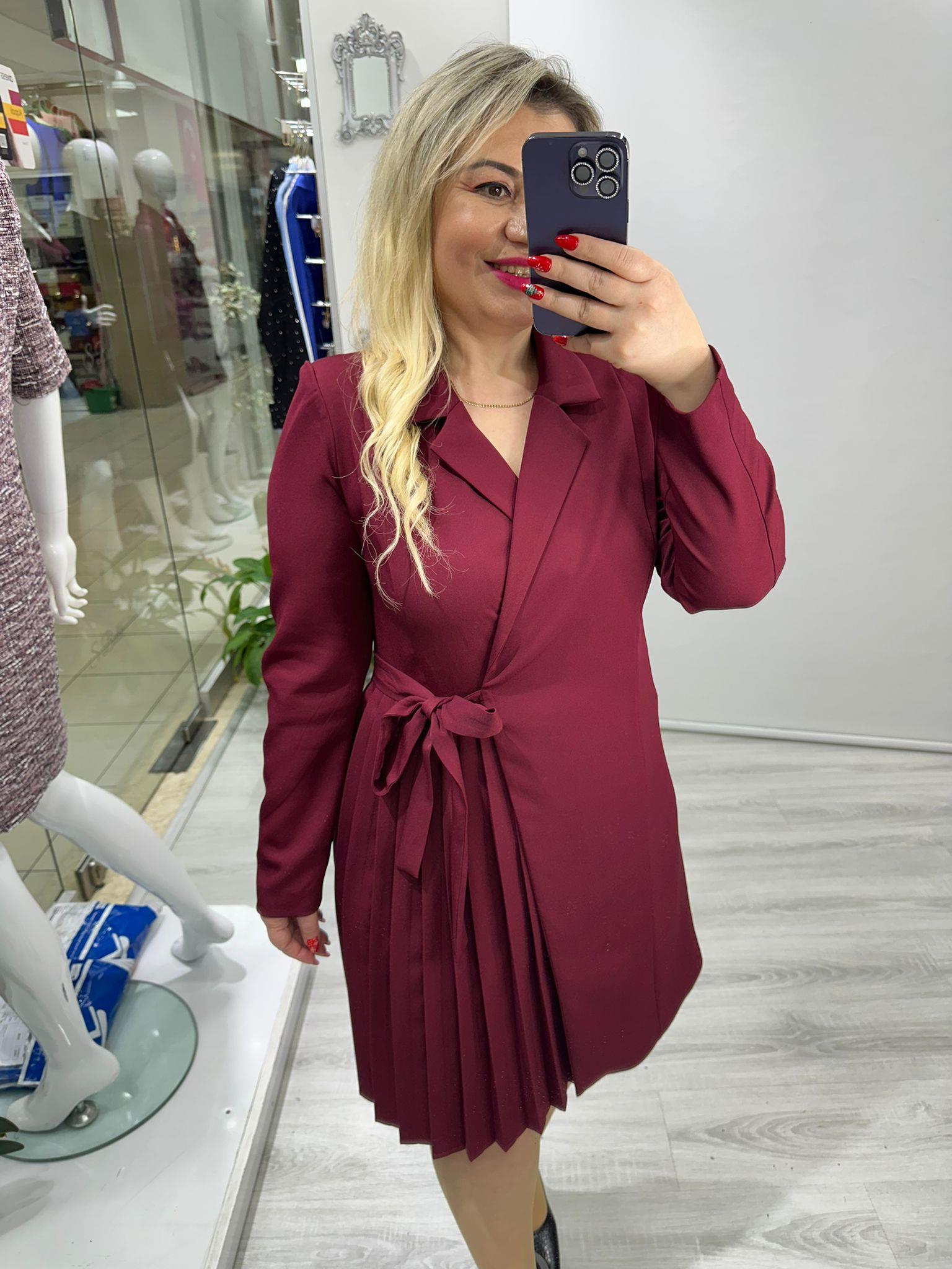 Bordo Piliseli Double Ceket Elbise stp 25k2417 