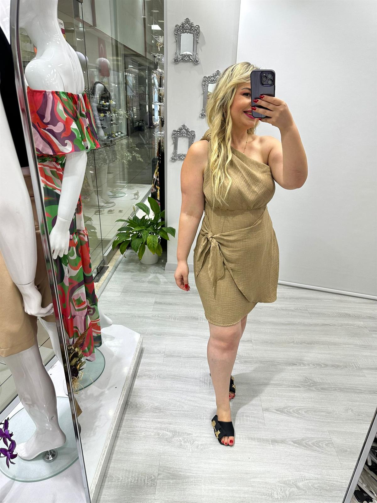 Camel Tek Omuz Düğümlü Keten Elbise · 6
