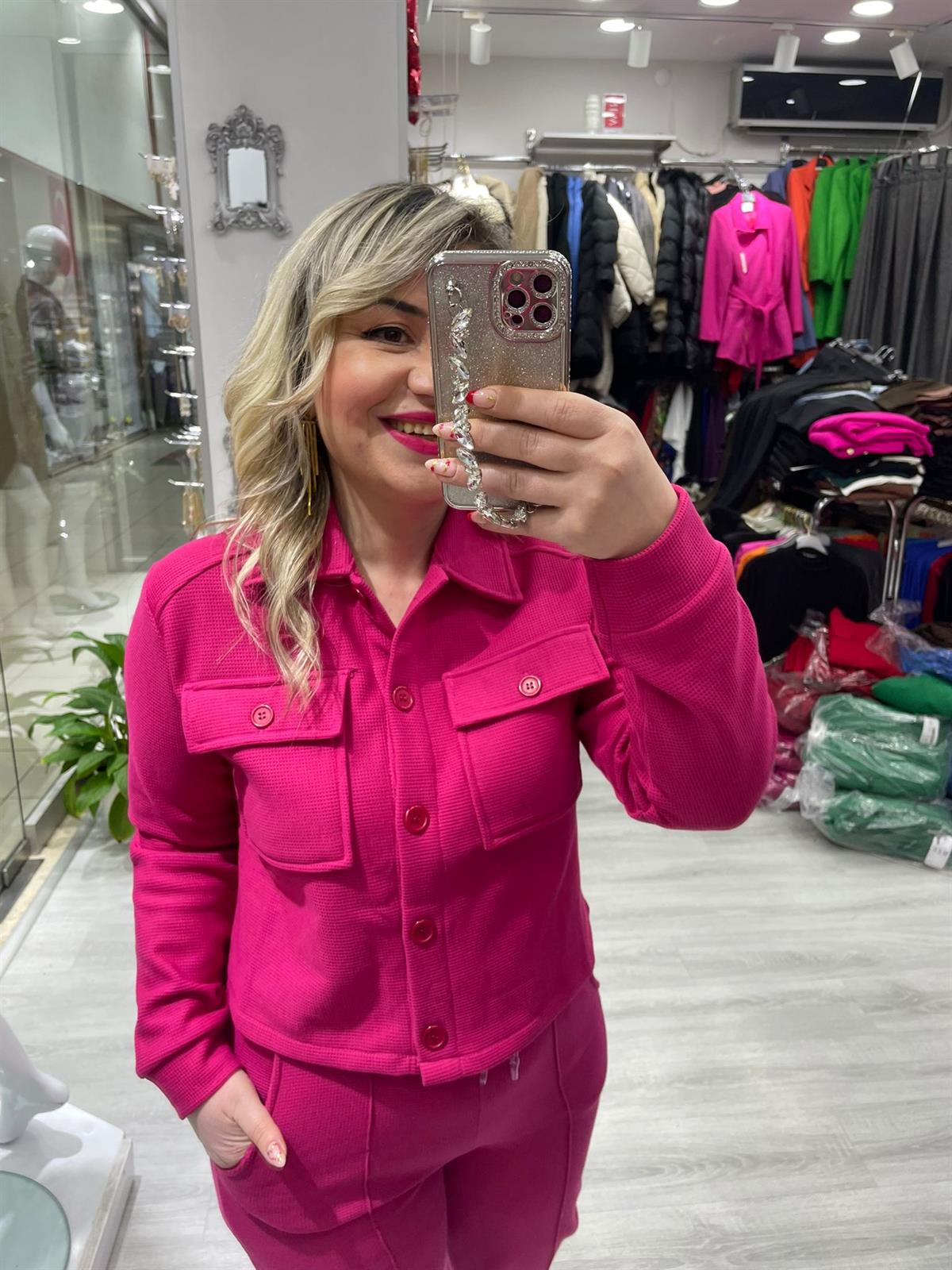 Fuşya Wafle Kumaş Ceket Sweat