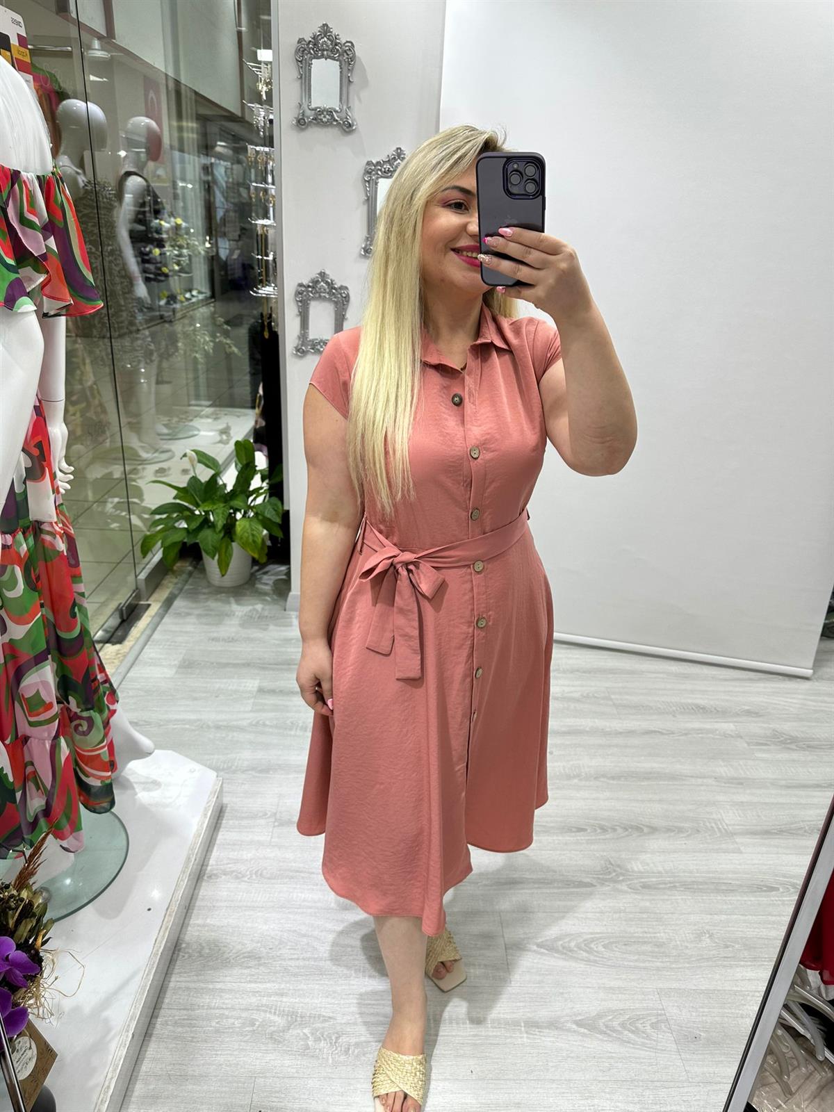 Gül Kurusu Tensel Önü Düğmeli Yan Cepli Elbise · 2