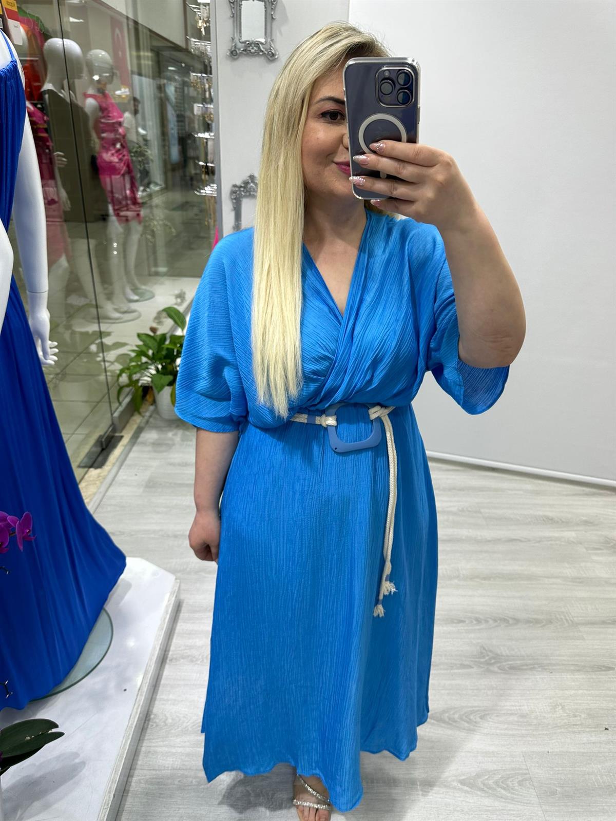 İndigo Mavi Kemerli Elbise · 2