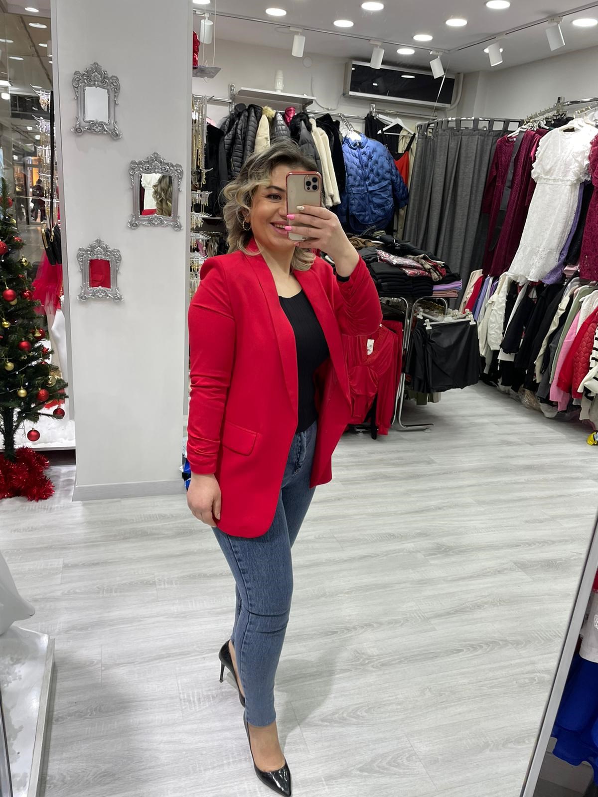 Kadın Kırmızı  Kol Büzgülü Blazer Ceket · 3