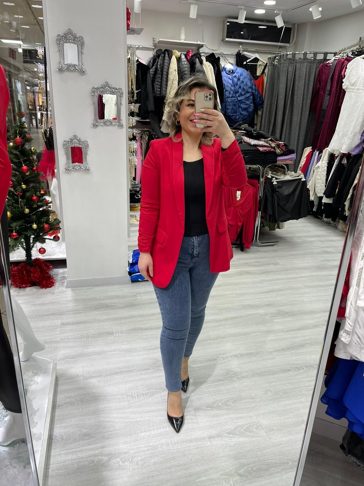 Kadın Kırmızı  Kol Büzgülü Blazer Ceket · 5