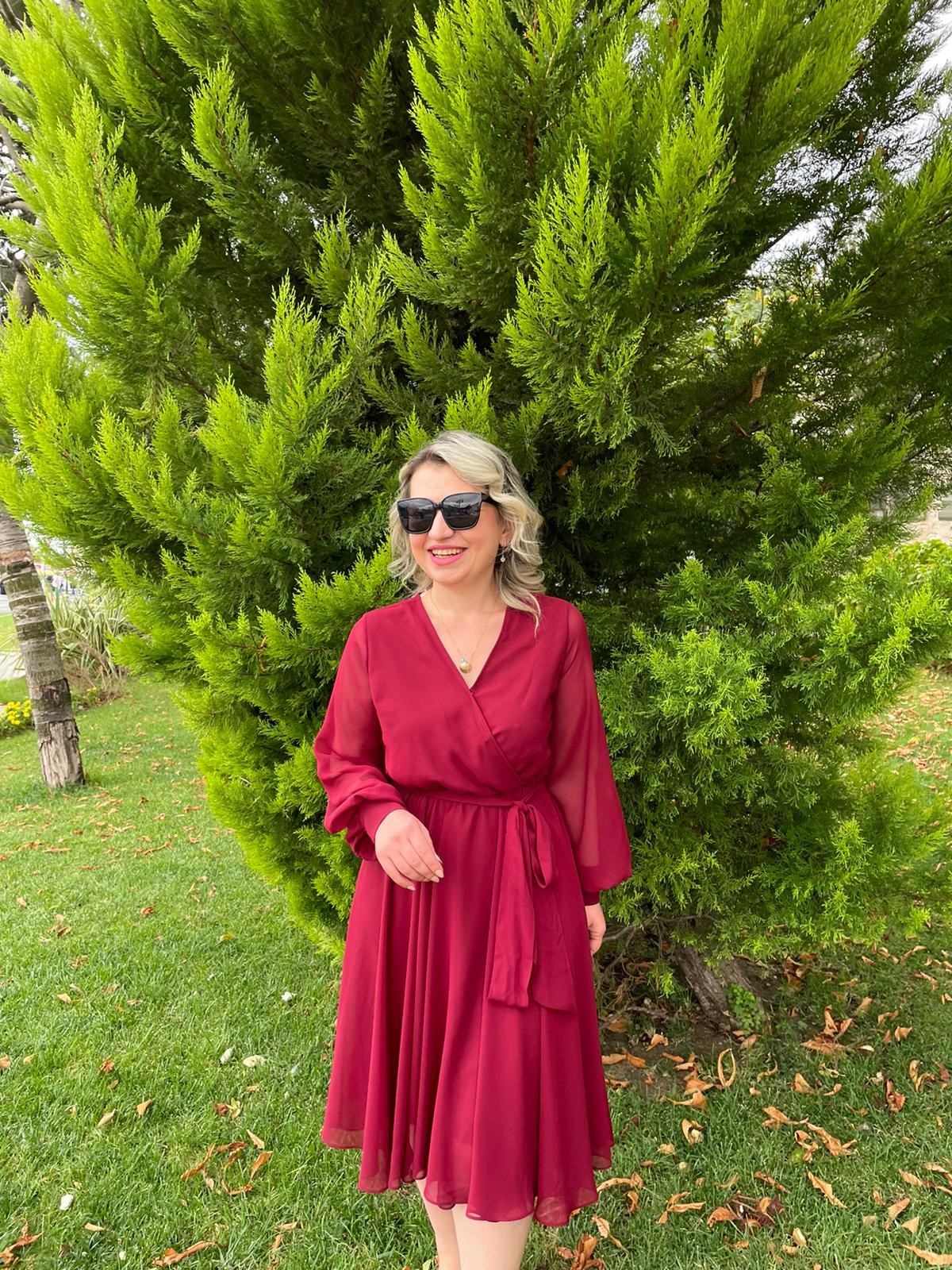 Kadın Kravuze Yaka  Beli Lastikli Etekleri Asimetrik Kesim  Uzun Kollu Bordo   Elbise · 12