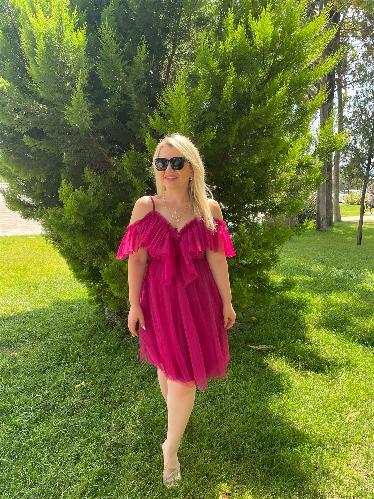 Kadın Leona Fırfırlı Fuşya Pembe  Tül Elbise · 4