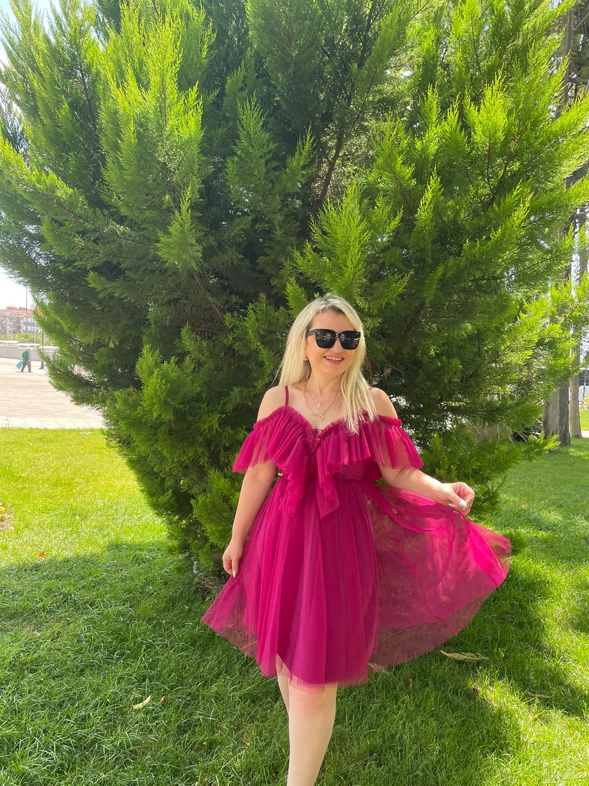 Kadın Leona Fırfırlı Fuşya Pembe  Tül Elbise · 3