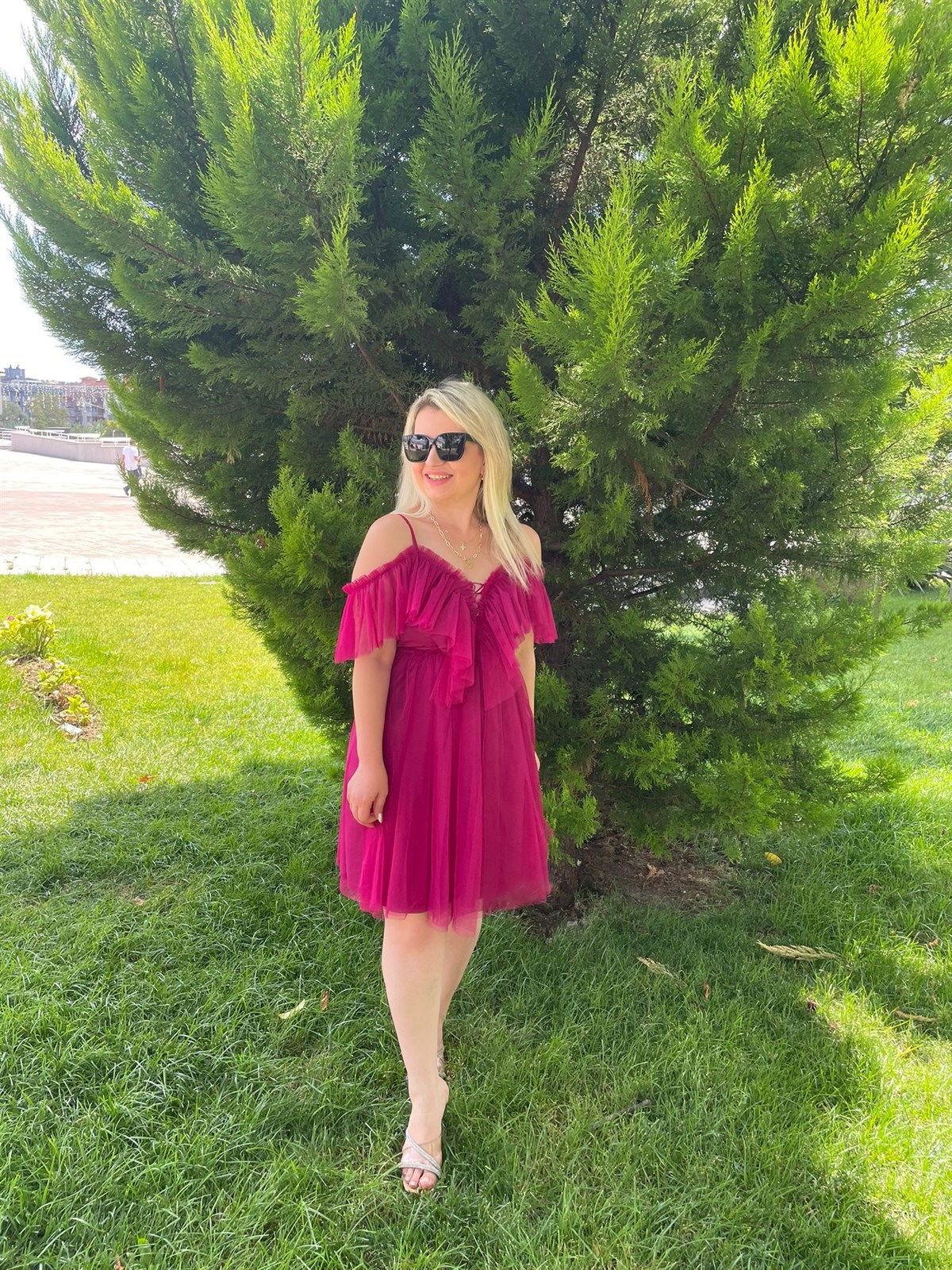 Kadın Leona Fırfırlı Fuşya Pembe  Tül Elbise · 2