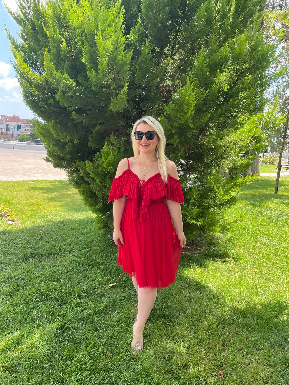 Kadın Leona Fırfırlı Kırmızı  Tül Elbise · 3