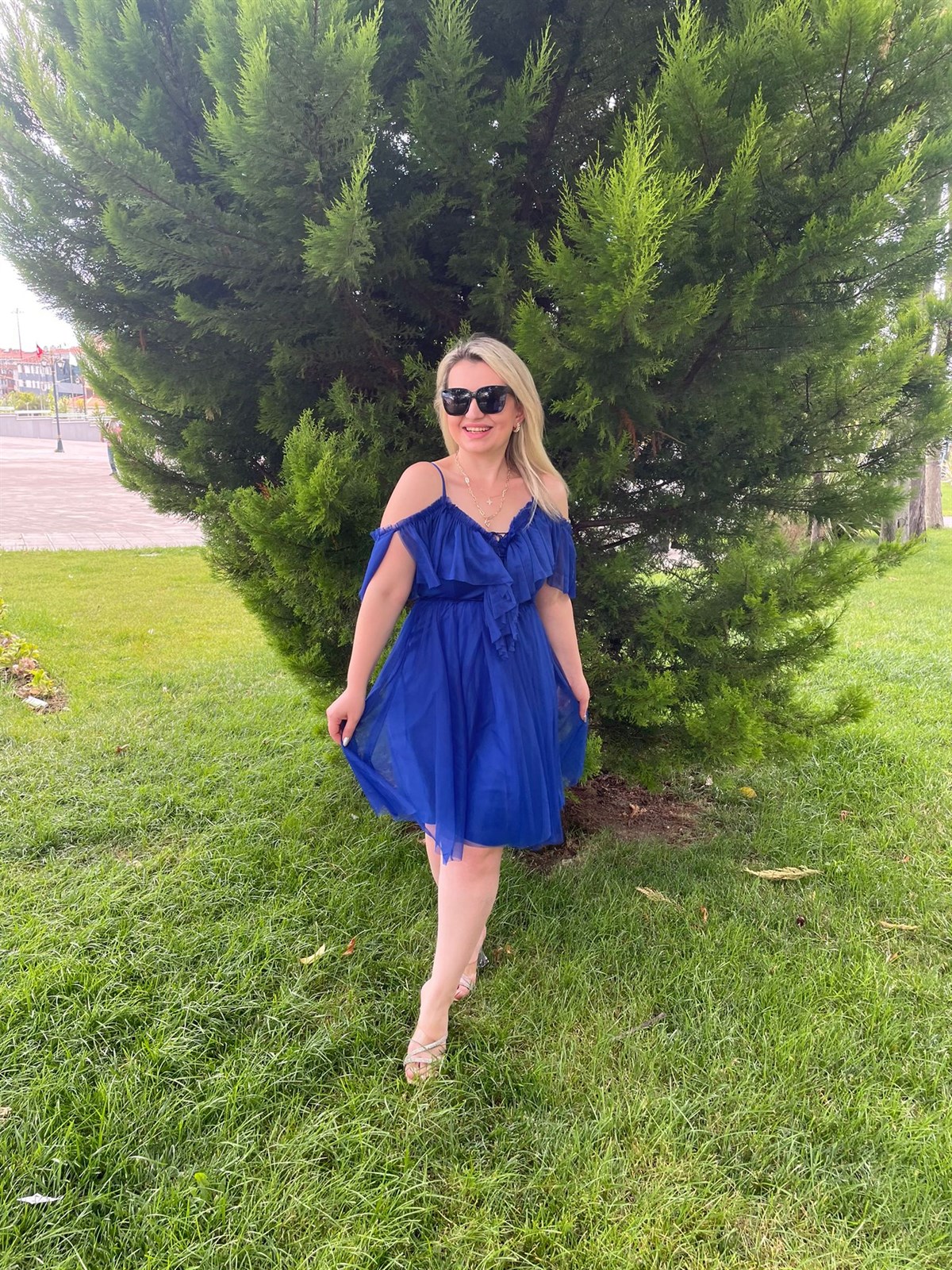Kadın Leona Fırfırlı Saks Mavi  Tül Elbise · 2