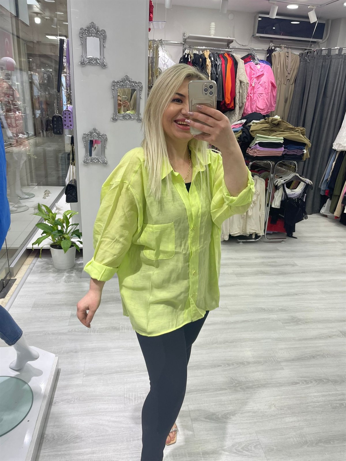 Kadın Lime Yeşil Tensel Omzu Düşük Oversize Gömlek 4612 · 2