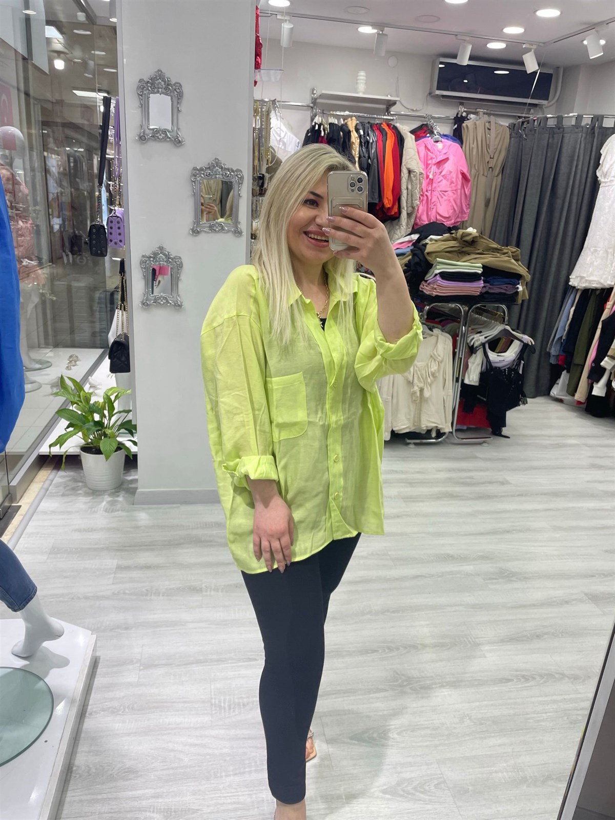 Kadın Lime Yeşil Tensel Omzu Düşük Oversize Gömlek 4612 · 3