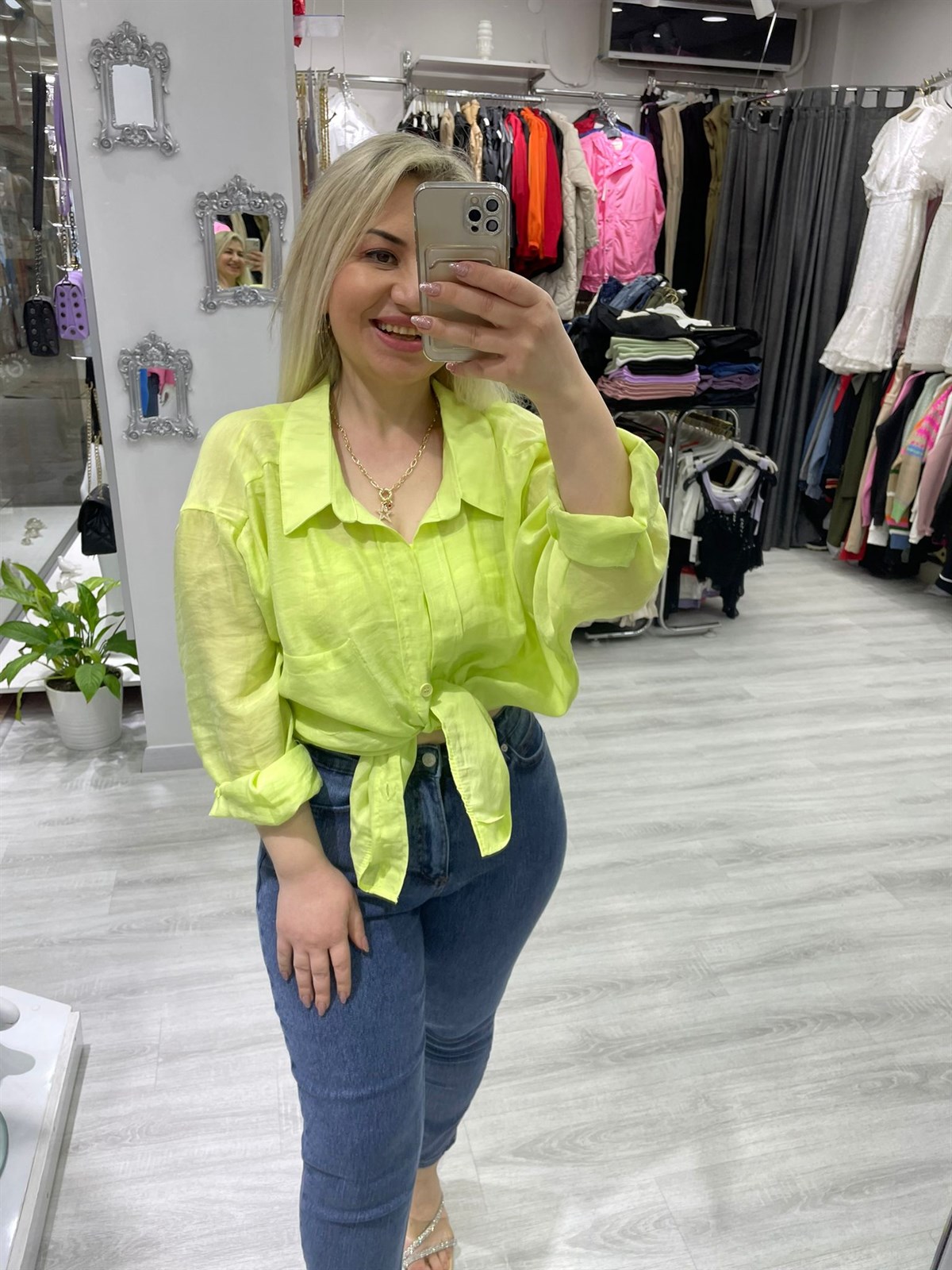 Kadın Lime Yeşil Tensel Omzu Düşük Oversize Gömlek 4612 · 7