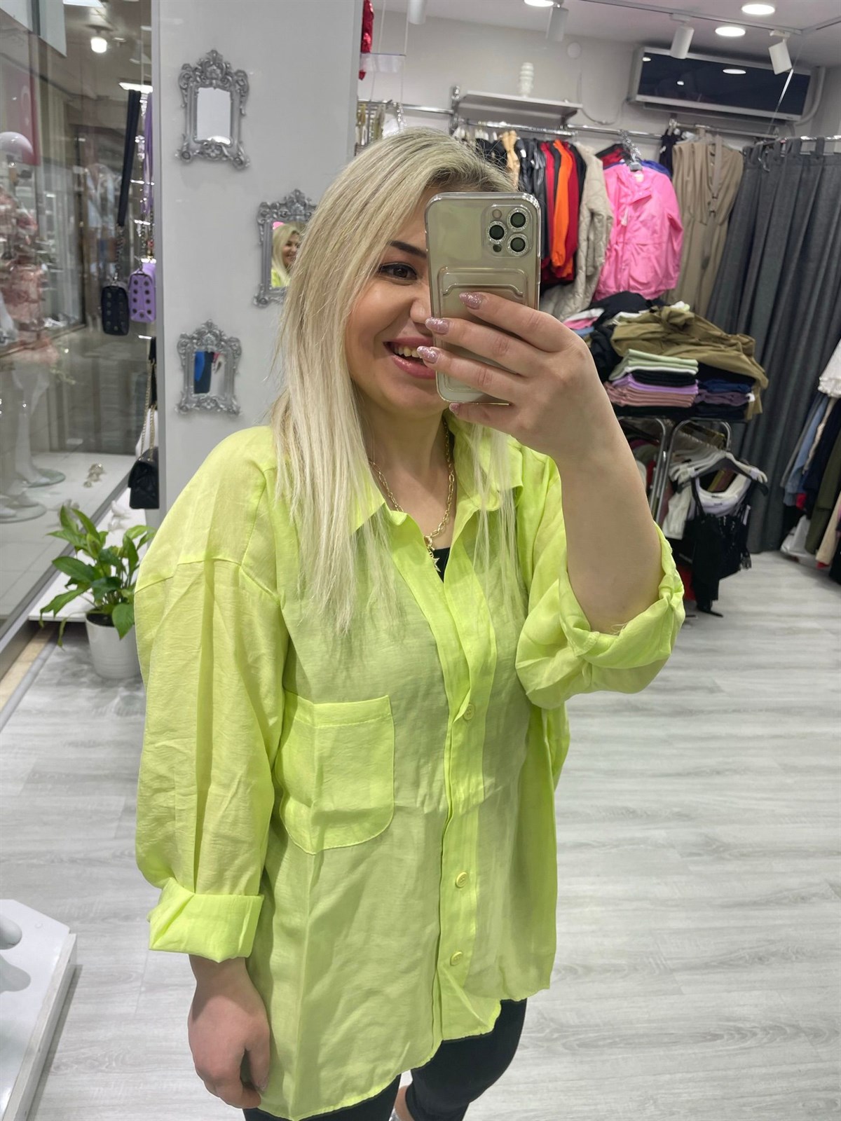 Kadın Lime Yeşil Tensel Omzu Düşük Oversize Gömlek 4612 · 4