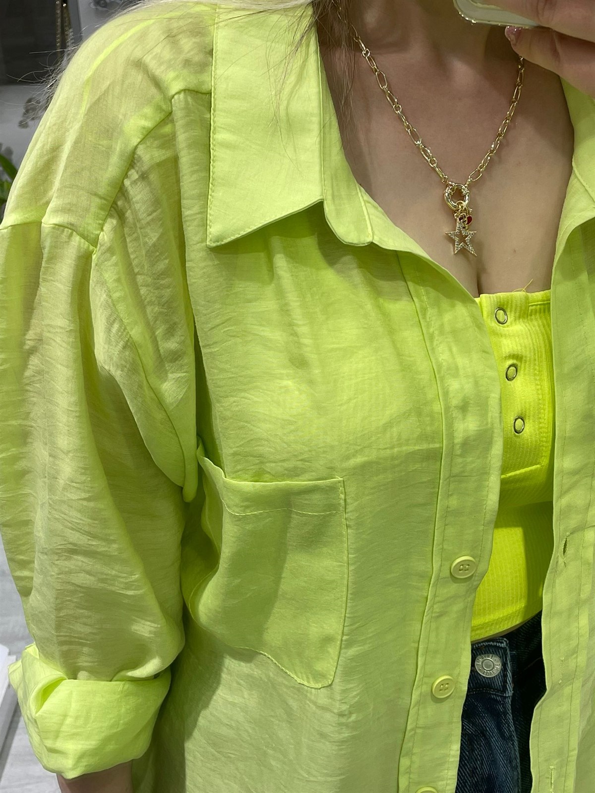 Kadın Lime Yeşil Tensel Omzu Düşük Oversize Gömlek 4612 · 8