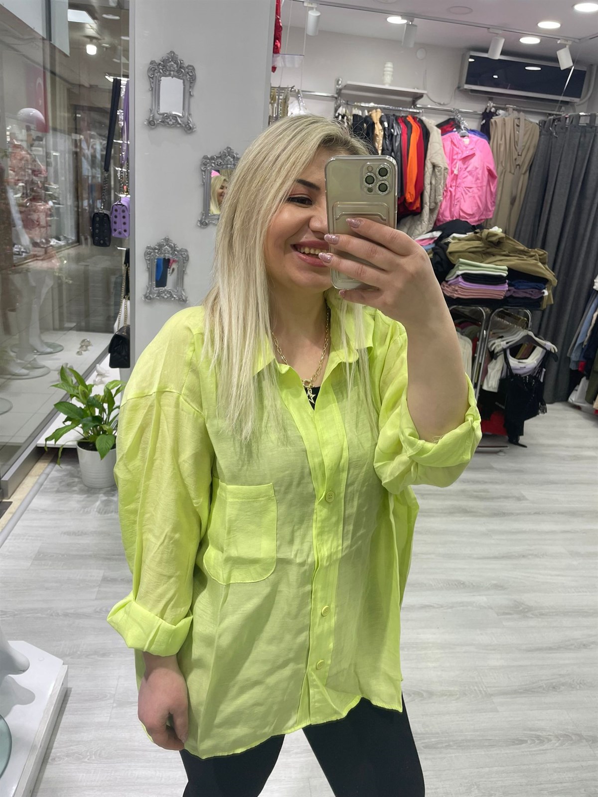 Kadın Lime Yeşil Tensel Omzu Düşük Oversize Gömlek 4612 · 5