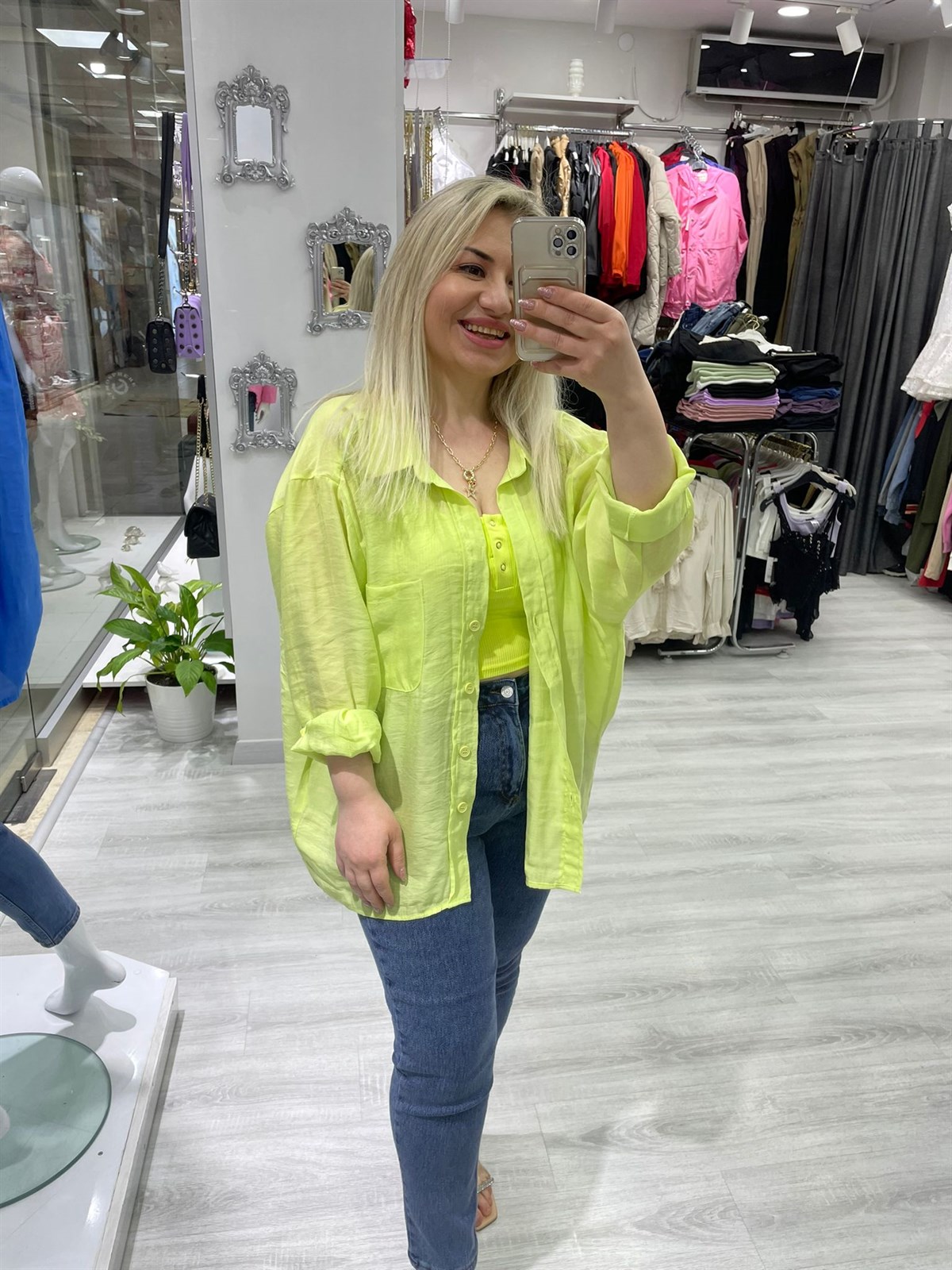 Kadın Lime Yeşil Tensel Omzu Düşük Oversize Gömlek 4612 · 6