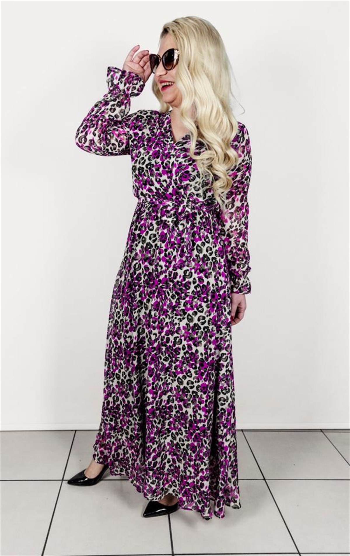 Kadın Pembe  Leopar Uzun Şifon Elbise 