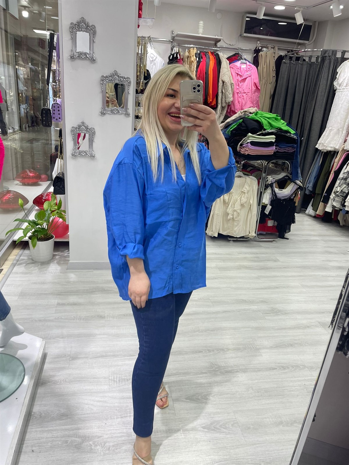 Kadın Saks Mavi Tensel Omzu Düşük Oversize Gömlek 4612 · 3