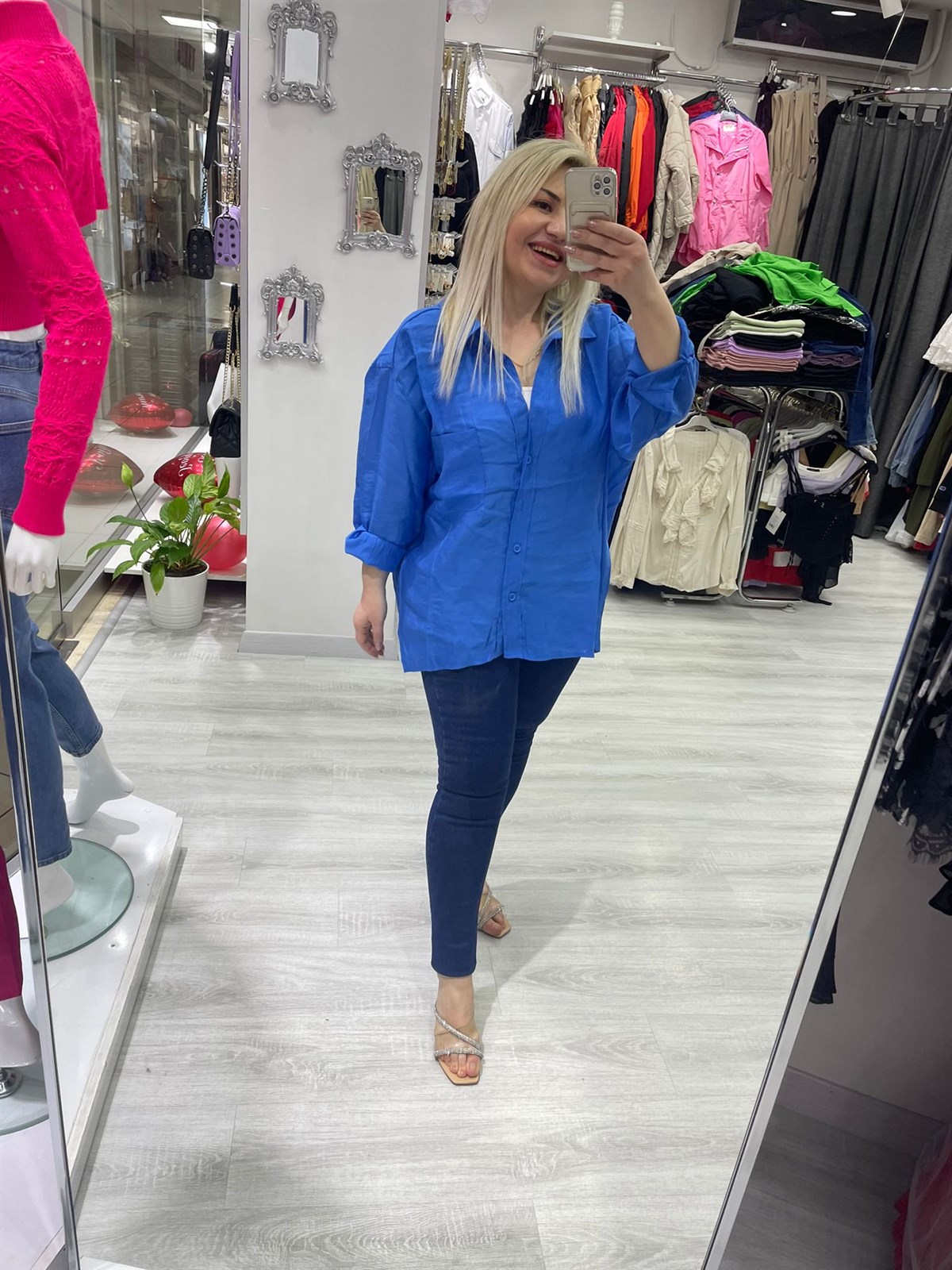 Kadın Saks Mavi Tensel Omzu Düşük Oversize Gömlek 4612 · 4