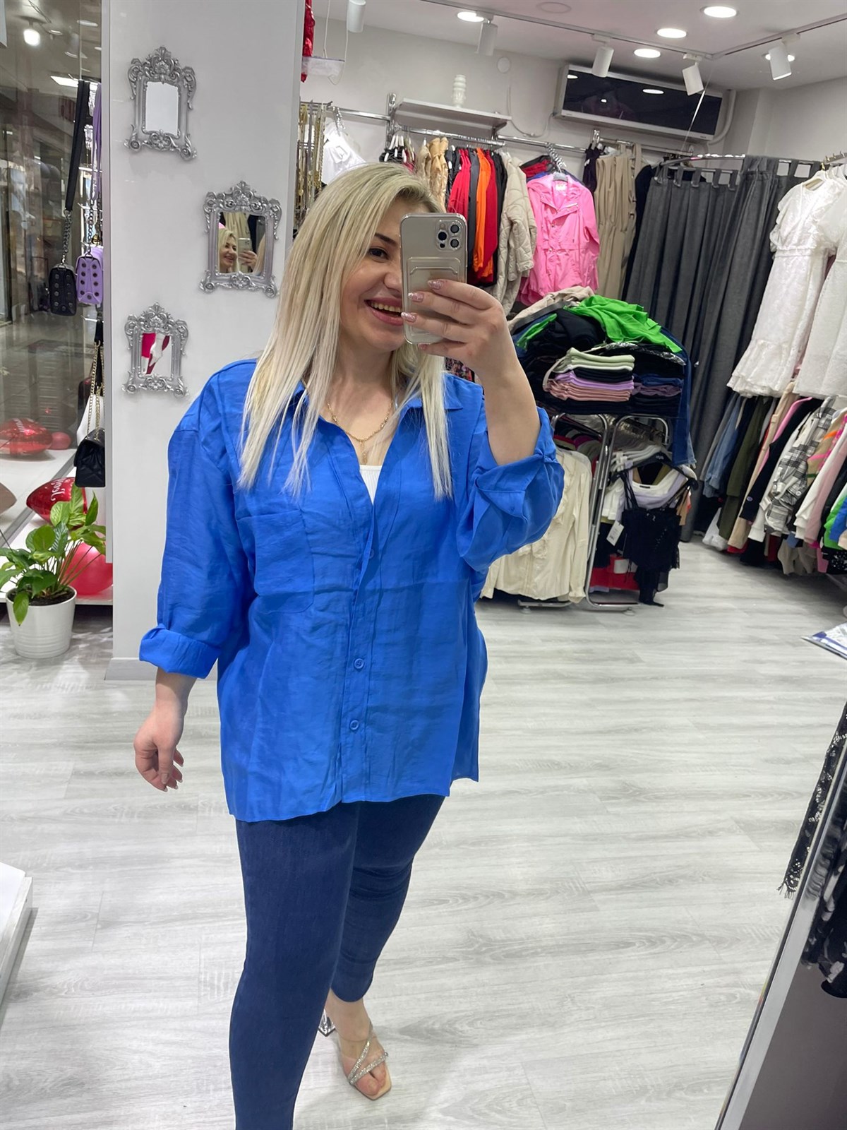 Kadın Saks Mavi Tensel Omzu Düşük Oversize Gömlek 4612 · 2