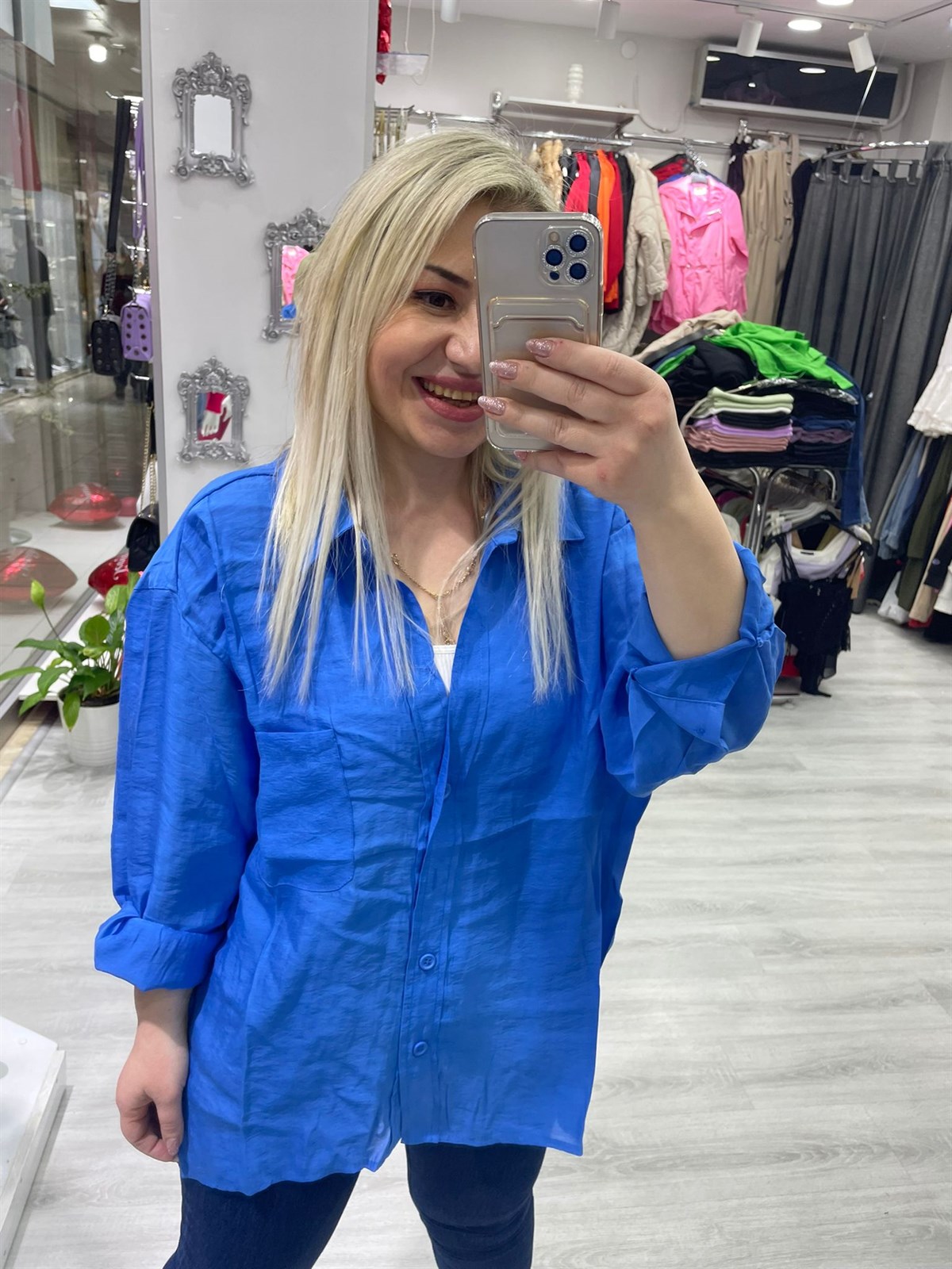 Kadın Saks Mavi Tensel Omzu Düşük Oversize Gömlek 4612 · 5