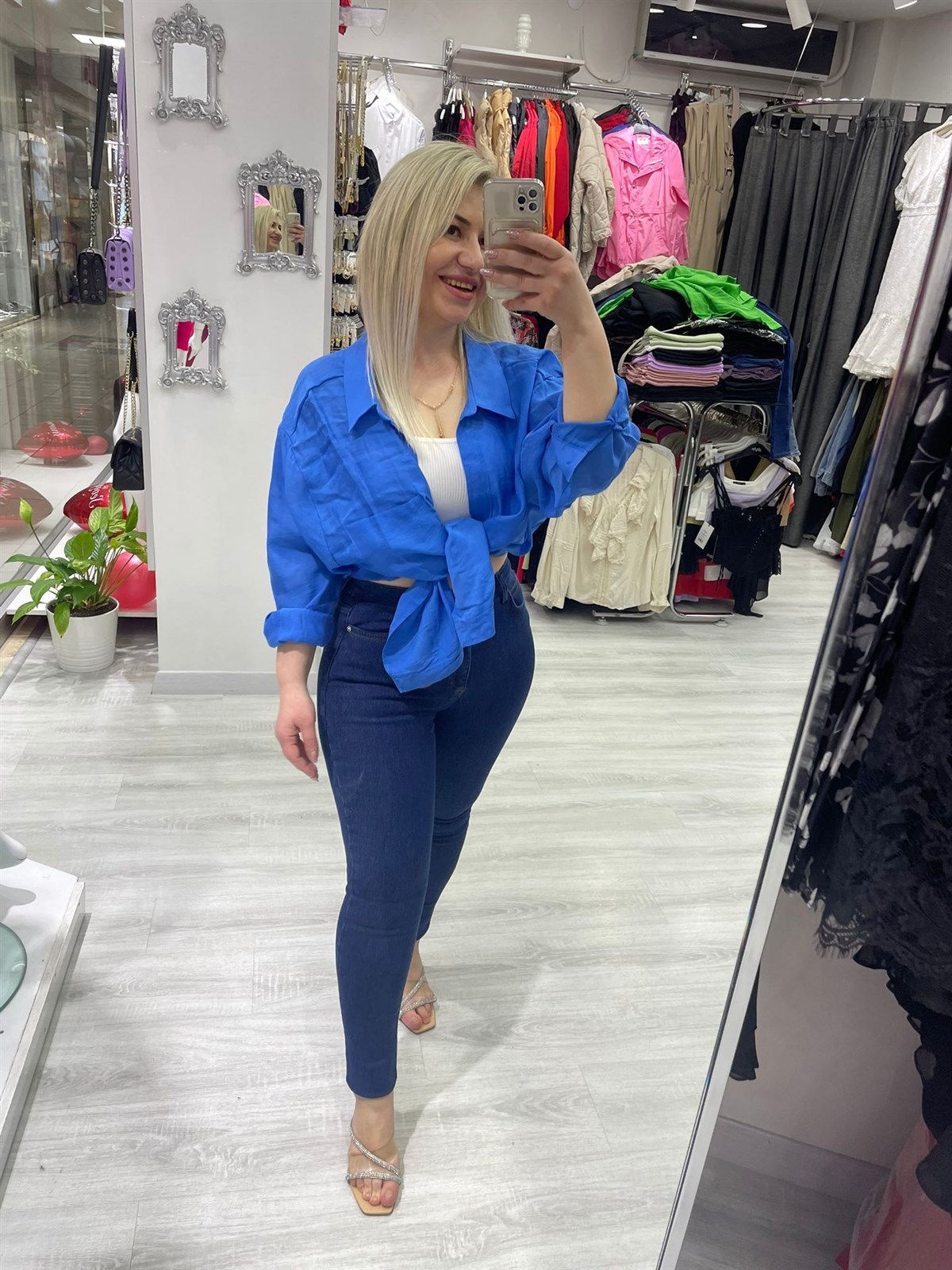 Kadın Saks Mavi Tensel Omzu Düşük Oversize Gömlek 4612 · 6