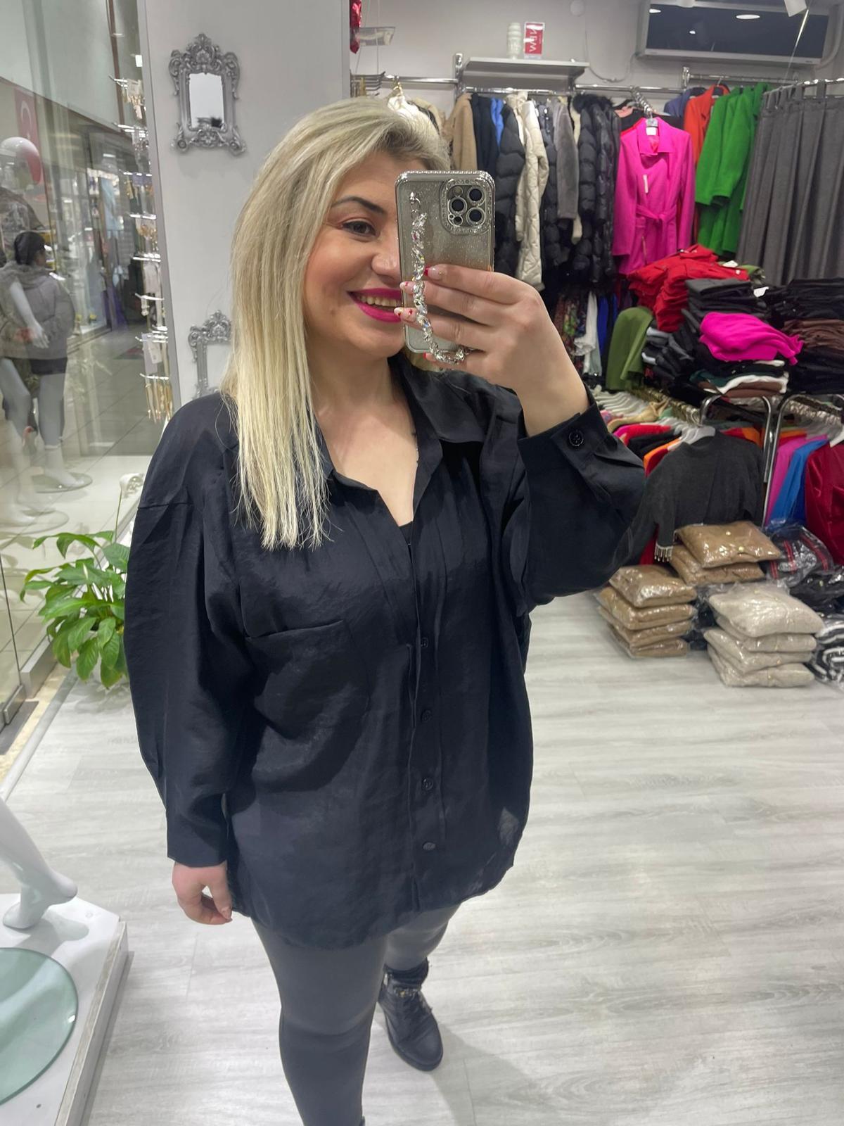 Kadın Siyah Tensel Omzu Düşük Oversize Gömlek 4612 · 2