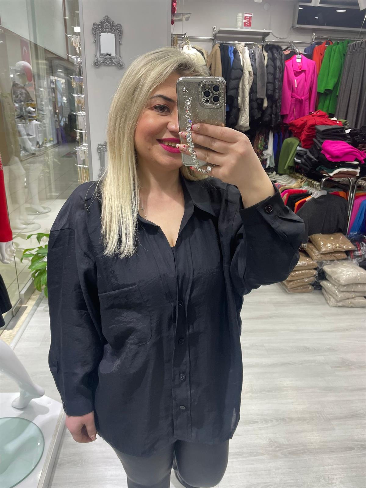 Kadın Siyah Tensel Omzu Düşük Oversize Gömlek 4612 · 5