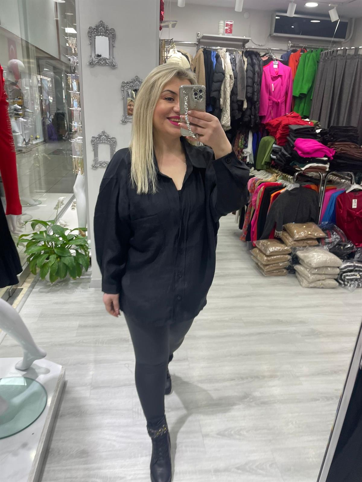 Kadın Siyah Tensel Omzu Düşük Oversize Gömlek 4612 · 3