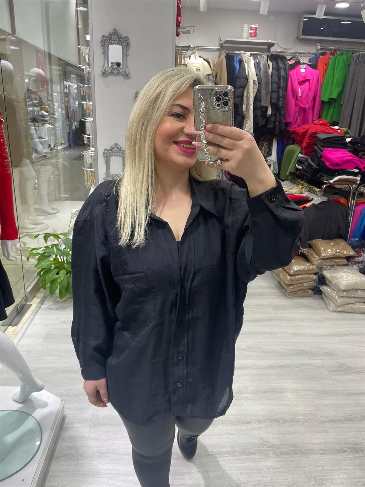 Kadın Siyah Tensel Omzu Düşük Oversize Gömlek 4612 · 7
