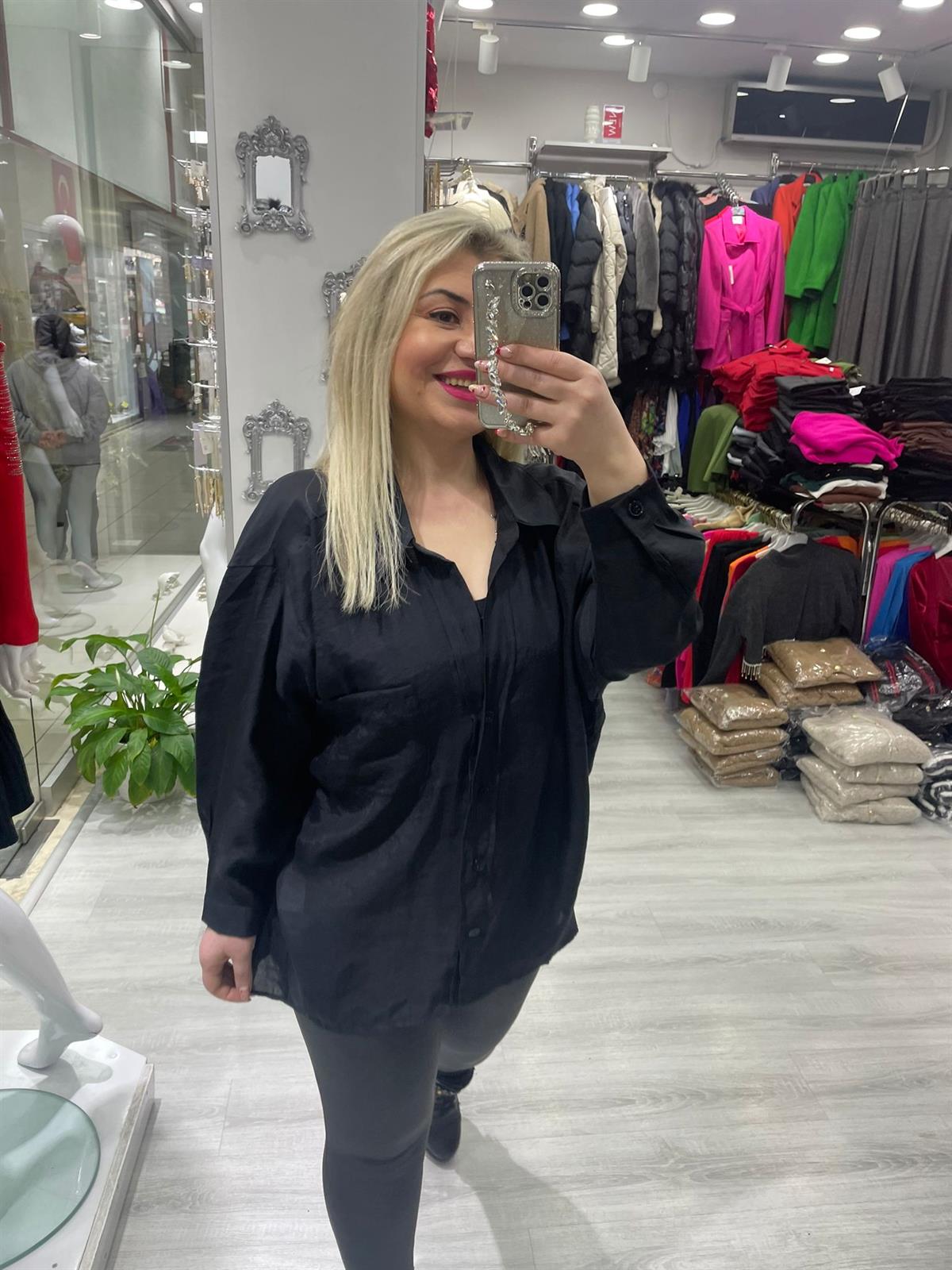 Kadın Siyah Tensel Omzu Düşük Oversize Gömlek 4612 · 6