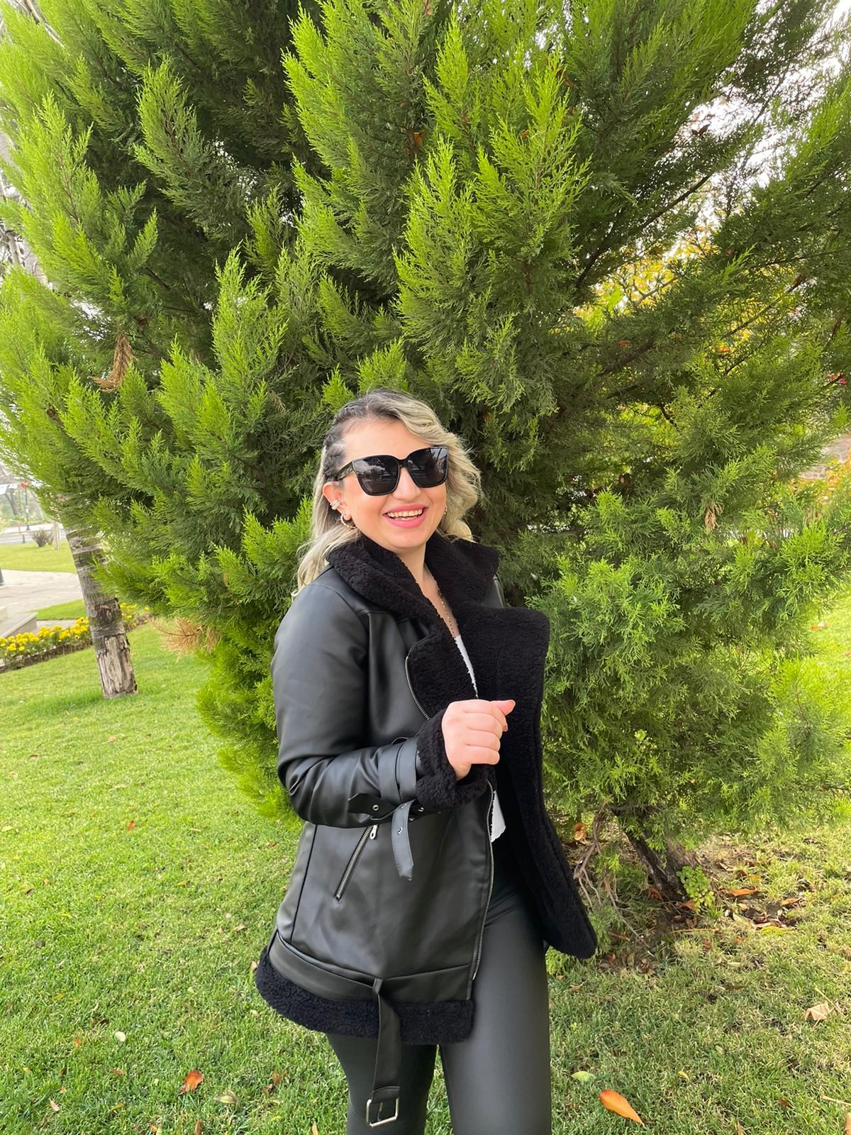 Kadın Tasarım Siyah Deri Siyah  Kürk Detaylı Mont · 6