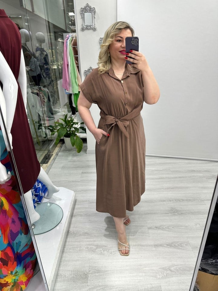 Kahve Yandan Bağlama Detaylı Cupra Elbise stp 26Y2649