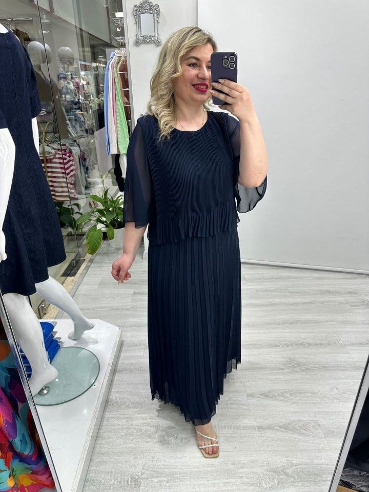 Lacivert Premium Piliseli 2 Katlı Yarım Kollu Şifon Elbise stp 26y2749