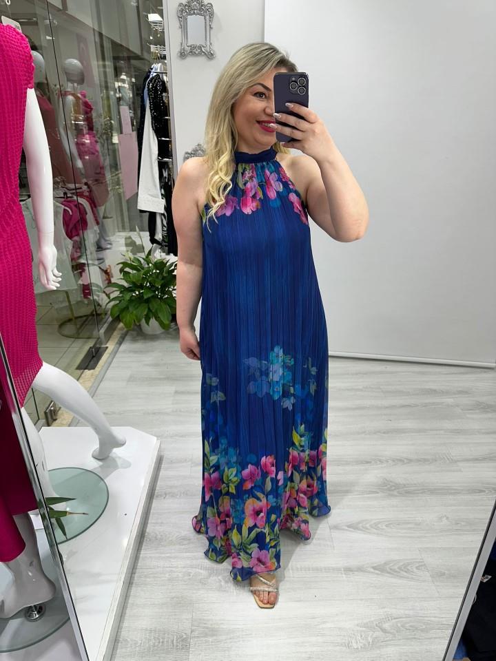 Lacivert Premium Seri Plisoley Çiçek Desenli Halter Yaka Elbise mc 5064