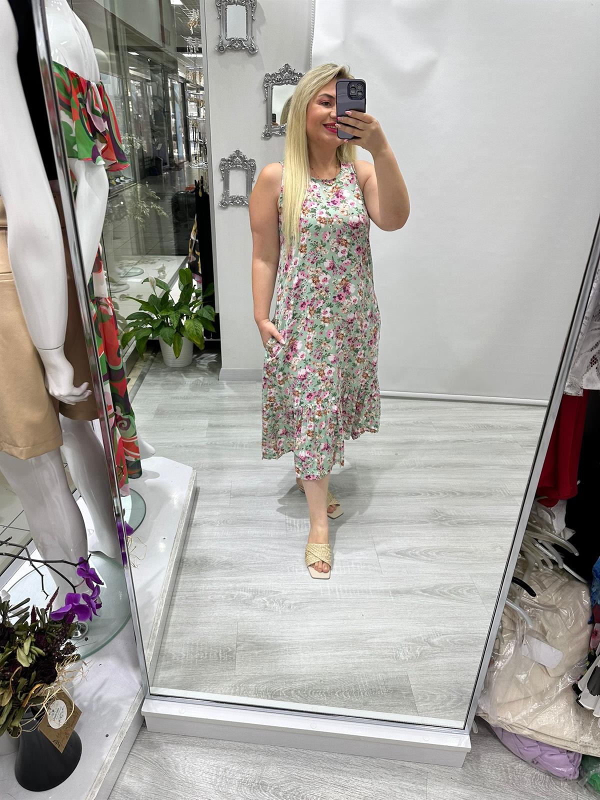 Mint Yeşili Pembe ÇiçekliKolsuz Viskon Kumaş Elbise · 7